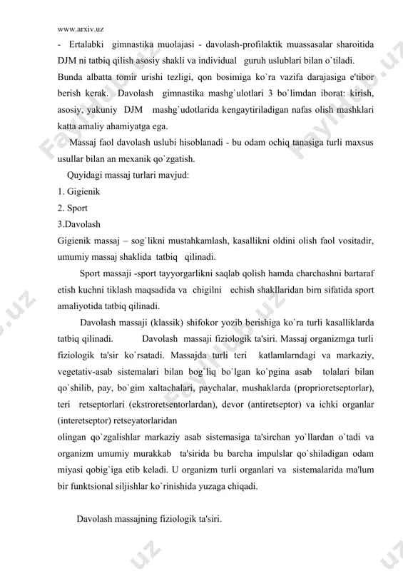 anish davolanish davrida kеng ishlatiladi. adabiyotlar: 1. vl.karpman. sport tibbiyoti, darslik, m, 1980 i. 2. a.t. dеmbo. sport tibbiyoti, m, 1985 i. 3. g.m. kukolеvskiy. sport tibbiyoti, m, 1986 i. 4. www.ziyonet.uz
