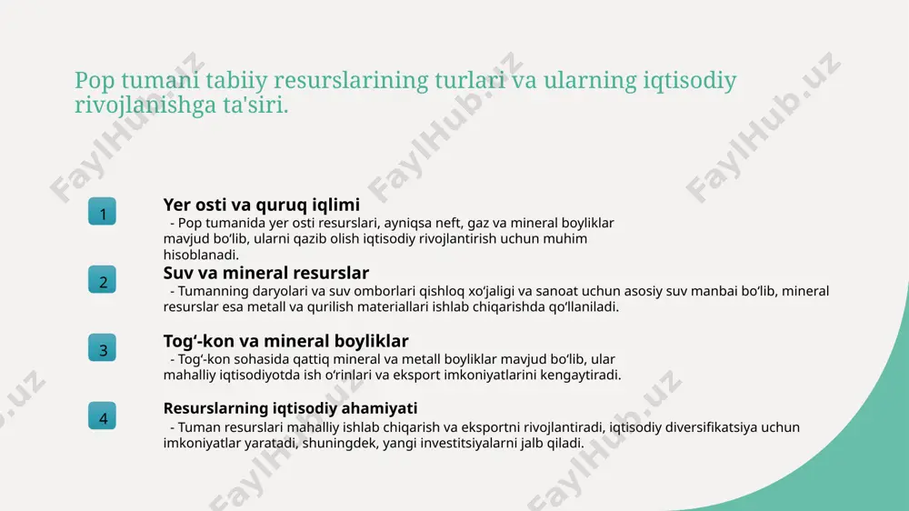 rbanizatsiya sur'ati yuqori bo'lib, qishloqlardan shahar hududlariga ko'chish davom etmoqda, bu infratuzilma va xizmatlar talabini oshiradi. 3 shaharlar rivojlanishi - pop tumanida asosiy shaharlar aholining ko'payishi bilan kengayib, yangi turar joylar, sanoat va savdo markazlari paydo bo'lmoqda. 4 aholi oqimi va ta'siri - shaharlar va qishloqlar o'rtasidagi aholi oqimi iqtisodiy faoliyat va xizmatlar sohasida yangi imkoniyatlar yaratadi, ammo muvozanatni saqlash muhim. demografik o'zgarishlar va iqtisodiy rivojlanishga ta'siri demografik tendentsiyalar pop tumanida yoshlarning ulushi oshib, ishchi kuchi va iste'mol bozoriga ijobiy ta'sir ko'rsatmoqda, bu esa iqtisodiy rivojlanishni qo'llab-quvvatlaydi. aholi o'sishi va iqtisodiyot aholi o'sishi bilan ishlab chiqarish va xizmatlar sohalariga talab ortadi, bu esa yangi ish o'rinlari va investitsiyalar uchun imkoniyatlar yaratadi. gender va yosh guruhlari aholining gender va yosh bo'yicha tarkibi iqtisodiy imkoniyatlarni belgilaydi, yoshlar va ayollar uchun yangi faoliyat tarmoqlari rivojlanishi muhim ahamiyat kasb etadi. aholi o'sishi va mehnat resurslarining taqsimoti 1 aholi o'sishi tendentsiyalari pop tumanida aholi o'sishi …
