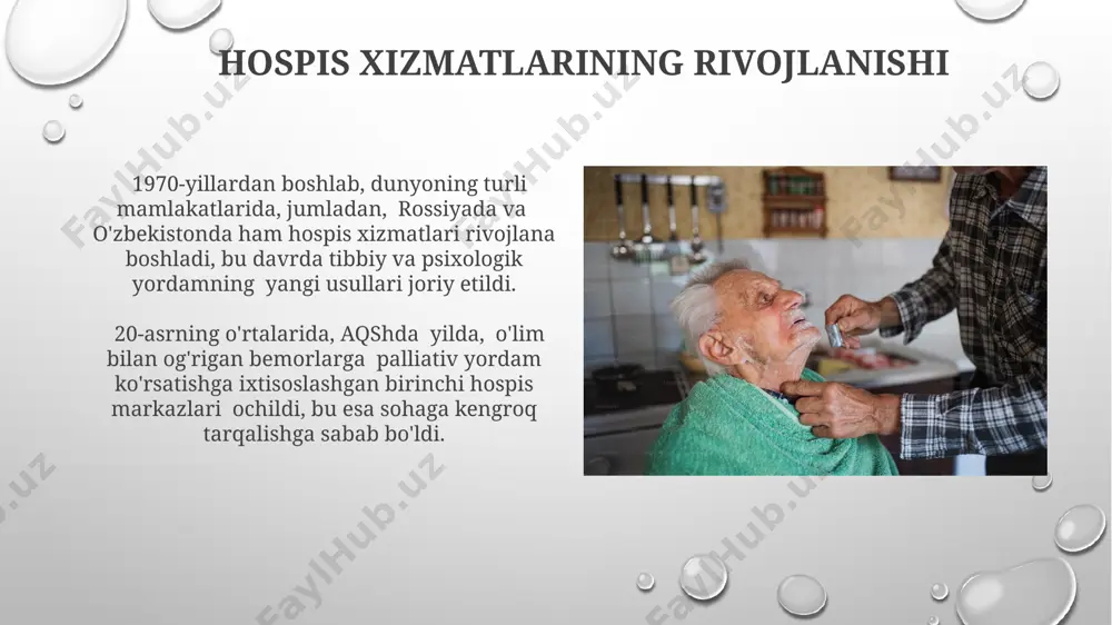 amonaviy hospis harakati 1960-yillarda buyuk britaniyada, dame cicely saunders tomonidan sankt-kristofer hospisi tashkil etilishi bilan boshlangan. 1970-yillardan boshlab, qo'shma shtatlar va boshqa mamlakatlarda hospis xizmatlari tez sur'atlar bilan rivojlana boshladi, millionlab odamlarga hayot sifatini yaxshilashga yordam berdi. hospis g'oyasining tarqalishi 1970-yillardan boshlab hospis g'oyasi yevropa davlatlari, jumladan, fransiya va germaniyada ham qo'llanila boshlandi, shu bilan birga bu davrda jahon sog'liqni saqlash tashkilotining qo'llab-quvvatlashi bilan dunyoning turli burchaklariga tarqala boshladi. 20-asrning o'rtalarida amerika qo'shma shtatlarida hospis harakati tez sur'atlar bilan rivojlandi, 500 dan ortiq hospis markazlari ochildi va palliativ yordam xizmatlari ko'lamini kengaytirdi. birinchi hospislarning ochilishi 1970-yillarda aqshda, ayniqsa kaliforniya shtatida, birinchi hospislarning ochilishi palliativ yordamga bo‘lgan ehtiyojni ko‘rsatib, ushbu tizimni mamlakat bo‘ylab yoyishga turtki bo‘ldi. dastlabki hospislar cheklangan mablag'lar va infratuzilma bilan shug'ullanib, o‘rtacha 5-10 bemorni qabul qila olar edi, ammo ularning g'amxo'rlik falsafasi keng ko‘lamli ta'sir ko‘rsatdi. o'limga tayyorgarlik madaniyatining o'zgarishi 19-asr oxiri va 20-asr boshlarida, buyuk britaniyani misol …