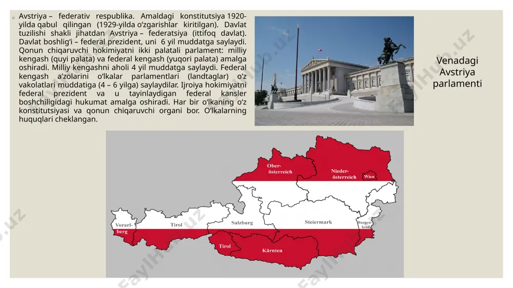 jiga ulkan hissa qo'shadi.shuningdek bu davlatda yetishib chiqgan olimlar musiqachilar va boshqa buyuk shaxslar qoldirgan merosni butun jahon hamjamiyati haligacham foydalanib kelmoqda. bu davlat aholisining xilma xilligi ularning urf odat va an'analari buyuk musiqachi, bastakorlarning qoldirgan merosi bu davlat madaniy va etnik jihatdan yaxshi rivojlanganin ifoda etadi eng quvonarlisi shundaki, dunyoga mashhur psixoanalitik shifokor olim zigmund freyd ham avstraliyada tug'ilgan.iqtisodiy jihatdan bu davlat aholisi eng boy davlatlar qarotiga kiradi. foydalanilgan adabiyotlar https://www.austria.info/ru/uslugi-cifry-i-f-kty/ob-avstrii https://www.advantageaustria.org/am/zentral/business-guide/arbeiten-in-oesterreich/attraktives-zielland-oesterreich/attraktives_zielland_oesterreich.ru.html https://smoktravel.by/countries/austria/about/ https://european-union.europa.eu/principles-countries-history/country-profiles/austria_en tonkosti.ru/журнал/почему_жить_в_австрии_на_самом_деле_не_очень:_взгляд_изнутри image2.jpg image3.png image4.png image5.png image6.jpeg image7.png image8.jpeg image9.jpeg image10.jpeg image11.jpeg image12.jpeg image13.jpeg image14.jpeg image15.jpeg image16.jpeg /docprops/thumbnail.jpeg