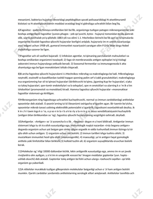 (m ikroblarni o'ldiruvchi) ta’sirga ham ega 3)те ri va shilliq qavatlar. mikroblar asosan organizmga teri va shilliq q av atlar orqali kiradi. yuqori qavat epiteliy hujayralari ning doim o yangil anishi, teri va yog' bezlari ajratmalari, shilliq qavat suyuqliklarim ikroblam ing ichkariga kirishiga to'sqinlik qilib, teri va shilliq qavatlami tozalab turadi.limfa tugunlari. teri va shilliq qavat «to'siqlarini» yengib o'tgan mikroorganizmlar limfaga tushadi, limfa tugunlari patogen bakteriyalarni tutib qoladi va halok qiladi.patogen m ikroorganizm lar limfa tugunlariga tushgach, u yerda yallig'ianish jarayoni yuzaga keladi. 4)adrenokortikotrop gorm on (aktg) ,som atotrop gormon (stg) 5)lizotsim mukolitik fermentlar guruhiga kiruvchi, haroratga chidamli oqsil bo'lib, atsetilmuramedaza deb ham ataladi. bu ferment hayvon va o'simlik to'qimalari suyuqliklarida, odamning ko'z yoshi, balg'ami, so'lagi, qoni, ona suti, peritoneal (qorin bo'shlig'i) suyuqligida uchraydi. u asosan, bakteriyalarni eritib yuboradi, lekin viruslarga ta’sir qilmaydi. bu moddaning bakteriologik ta’sir mexanizmi, bakteriya hujayrasi devoridagi peptidoglikan qavati polisaxarididagi n-atsetilmuramil kislotasi va n-atsetilglyukozamin moddasi orasidagi …