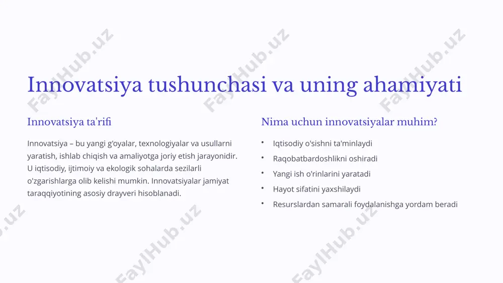yangi texnologiyalar va mahsulotlarni patentlash, intellektual mulkni himoya qilish. hamkorlik universitetlar, sanoat korxonalari va xalqaro tashkilotlar bilan hamkorlikni yo'lga qo'yish. 5 texnologik parklar va ularning vazifalari 1 infratuzilma startaplar va innovatsion kompaniyalar uchun ofislar, laboratoriyalar va ishlab chiqarish maydonlarini taqdim etish. 2 konsalting biznes-rejalarni ishlab chiqish, moliyalashtirish manbalarini topish va marketing bo'yicha maslahatlar berish. 3 treninglar innovatsion faoliyatni amalga oshirish uchun zarur bo'lgan ko'nikmalarni rivojlantirish bo'yicha treninglar tashkil etish. 6 biznes-inkubatorlar: startap loyihalarni qo'llab-quvvatlash g'oyalarni saralash startap loyihalarni tanlash va ularning istiqbollarini baholash. resurslar bilan ta'minlash ofis, uskunalar, mentorlar va moliyaviy resurslar bilan ta'minlash. networking investorlar, hamkorlar va mijozlar bilan aloqa o'rnatishga yordam berish. 7 innovatsion klasterlar va ularning afzalliklari hamkorlik korxonalar, universitetlar va ilmiy-tadqiqot institutlari o'rtasida hamkorlikni kuchaytirish. 1 ixtisoslashuv ma'lum bir sohada ixtisoslashuv va raqobatbardoshlikni oshirish. 2 innovatsiyalar yangi texnologiyalar va mahsulotlarni ishlab chiqish va joriy etishni tezlashtirish. 3 8 davlatning innovatsion siyosati va uni qo'llab-quvvatlash mexanizmlari 1 …