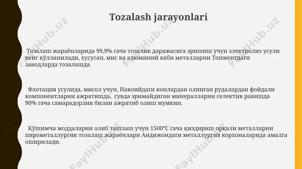 n, 200°c da natriy gidroksid eritmasi bilan alyuminiy oksidini qayta ishlash orqali alyuminiy olish mumkin, bu baykal hududida keng tarqalgan usul hisoblanadi. erituvchi ekstraksiya jarayonida, masalan, 10% li organik erituvchi yordamida misning sulfat eritmasidan 95% gacha ajratish mumkin, bu jarayon jahonning ko'plab metallurgiya zavodlarida, jumladan, chili va avstraliyada qo'llaniladi. sianidli eritmalardan oltinni ajratib olishda, 1 g/l dan yuqori konsentratsiyali sianid eritmalari 99% gacha samaradorlik bilan oltinni eritmasa o'tkazadi, bu texnologiya janubiy afrikaning oltin konlarida muvaffaqiyatli qo'llaniladi. pirometallurgiya usullari alyuminiy ishlab chiqarishda, bayer jarayonidan keyin, elektroliz usuli orqali, 2000 dan ortiq amper kuchlanish bilan, saksoniya (germaniya)dagi zavodlarda metallning sof shaklini ajratib olishga erishiladi. pirometallurgiya usullari, masalan, misni eritish jarayonida, 1200°c dan yuqori haroratlarda, oʻzbekistonning olmaliq kon-metallurgiya kombinatida keng qoʻllaniladi va bu jarayon sulfid rudalarini boyitishni oʻz ichiga oladi. temirni domna pechlarida qayta ishlash, taxminan 1500-1600°c haroratda, koks va havo yordamida amalga oshiriladi, bu dunyo boʻylab, jumladan, magnitogorsk kabi yirik metallurgiya markazlarida …