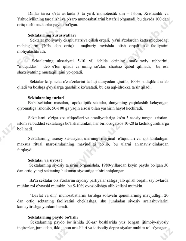 jburiy ravishda olish orqali o'z faoliyatini moliyalashtiradi. sektalarning aksariyati 5-10 yil ichida o'zining mafkuraviy rahbarini, “muqaddas” deb e'lon qiladi va uning so'zlari shartsiz qabul qilinadi, bu esa shaxsiyatning mustaqilligini yo'qotadi. sektalar ko'pincha o'z a'zolarini tashqi dunyodan ajratib, 100% sodiqlikni talab qiladi va boshqa g'oyalarga qarshilik ko'rsatadi, bu esa aql-idrokka ta'sir qiladi. sektalarning turlari ba'zi sektalar, masalan, apokaliptik sektalar, dunyoning yaqinlashib kelayotgan qiyomatiga ishonib, 50-100 ga yaqin a'zosi bilan yashirin hayot kechiradi. sektalarni o'ziga xos e'tiqodlari va amaliyotlariga ko'ra 3 asosiy turga: xristian, islom va buddist sektalariga bo'lish mumkin, har biri o'ziga xos 10-20 ta kichik guruhlarga bo'linadi. sektalarning asosiy xususiyati, ularning marjinal e'tiqodlari va qo'llaniladigan maxsus ritual marosimlarining mavjudligi bo'lib, bu ularni an'anaviy dinlardan farqlaydi. sektalar va siyosat sektalarning siyosiy ta'sirini o'rganishda, 1980-yillardan keyin paydo bo'lgan 30 dan ortiq yangi sektaning hukumat siyosatiga ta'siri aniqlangan. ba'zi sektalar o'z a'zolarini siyosiy partiyalar safiga jalb qilish orqali, saylovlarda muhim rol o'ynashi mumkin, …