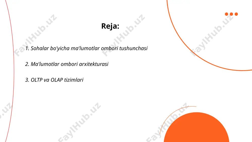 umotlarning birligini ta'minlash uchun turli darajadagi chora-tadbirlarni o'z ichiga oladi. ... t.me/slaydai_bot oltp (onlayn transaksiyalarni qayta ishlash) va olap (onlayn analitik qayta ishlash) tizimlari ma'lumotlar bazasini boshqarishda keng qo'llaniladi. oltp tizimlari tezkor va real vaqt rejimida kundalik operatsiyalarni amalga oshiradi, masalan, bank tranzaksiyalari yoki buyurtmalarni qayta ishlash. bu tizimlaring asosiy vazifasi tezkorlik va yuqori ma'lumot yangilanishini ta'minlashdir, baza odatda normallashtirilgan bo'ladi. olap tizimlari ko'proq analitika va ma'lumotlar tahliliga yo'naltirilgan bo'lib, katta hajmdagi ma'lumotlarni ko'p o'lchovli vaqtda tahlil qilish imkonini beradi. olap tizimlarida ma'lumotlar odatda denormalizatsiyalangan holatda bo'lgan, kublar sifatida saqlanadi. ular biznes razvedka va strategik qaror qabul qilish uchun foydalidir. ... t.me/slaydai_bot 4. ma'lumotlar modellashtirish ma'lumotlar modellashtirish bu jarayon bo'lib, u ma'lumotlar tuzilishini tizimatik ravishda tashkil etishni va turli ma'lumotlar omborlari ichida qanday joylashishini ifodalaydi. ma'lumotlar modellashtirishning muhim turlari asosida kontseptual, mantiqiy va jismoniy modellar turadi. kontseptual modelda ma'lumotlar va ularning munosabatlari yuqori darajada tasvirlanadi. mantiqiy model ma'lumotlarning aniq turlarini …