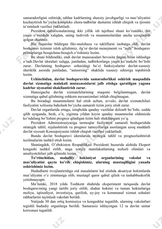 ikkinchi murojaatnoma taqdim etildi. mazkur dasturiy ma’ruzalar chuqur mazmun va katta ahamiyatga egaligi, barcha sohalarga aloqadorligi bilan xalqimizda va hamkor mamlakatlarda katta qiziqish uyg’otgandi. buyuk yurtdoshimiz imom buxoriy hazratlari o’z kitobida keltirgan “barcha ezgu amallar niyatga bog’liq, har bir kishiga, faqat niyat qilgan narsasi beriladi” degan hadisda, albatta juda chuqur ma’no bor. biz 2018 yilga “faol tadbirkorlik, innovasion g’oyalar va texnologiyalarni qo’llab-quvvatlash yili” deb nom berib, davlat dasturi doirasida, 21 trillion so’m va 1 milliard dollarga teng 76 mingta loyihani amalga oshirganimiz, o’tgan yili yaxshi niyat bilan boshlagan ishlarimiz natijasini ko’rsatib turibdi, – dedi shavkat mirziyoyev. aholining real umumiy daromadlari 2017 yilga nisbatan 12 foizga oshgani qayd etildi. soliqlarning prognozdan oshirib bajarilgan qismi hisobidan hududlarda 5,5 trillion so’m qo’shimcha mablag’ qoldirilgani, bu o’tgan yilga nisbatan 6 barobar, 2016 yilga nisbatan esa 32 barobar ko’p bo’lganiga e’tibor qaratildi. “har bir oila – tadbirkor”, “yoshlar – kelajagimiz” kabi dasturlar doirasida joylarda 2 …