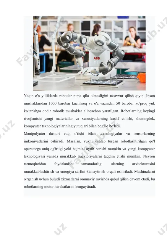 lar va yelka bo'g'imidagi uchta eksa. shunday qilib shunday qilib, bionicsofthand mutlaqo erkin tanani, chunki mexanika nazariyasiga ko'ra, buning uchun oltita erkinlik darajasi etarli. muhim xususiyatlardan biri ko'rib chiqilayotgan tizim - pnevmatik aktuatorda bosimni ushlab turish uchun muhim xususiyatlardan biri ko'rib chiqilayotgan tizim - pnevmatik aktuatorda bosimni ushlab turish uchun bionicsofthand imkon qadar past daraja, ishlab chiquvchilar maxsus kichik raqamli vana terminalini yaratdilar, to'g'ridan-to'g'ri bionik qo'lga o'rnatiladi. bunday yechim boshqaruvni ta'minlaydi butun orqali havo uzatishni talab qilmasdan manipulyatorning barmoqlari robot qo'li. bionicsofthand mumkin tez va osonlik bilan umumiyga ulanish pnevmatik tizim va bu faqat bitta naychadan foydalanishga imkon beradi havo ta'minoti va egzoz uchun. mutanosiblikdan foydalanish piezo barmoqlari harakatlantiruvchi vanalar aniq boshqarilishi mumkin. nima qobiqqa kelsak, ishlatiladigan material qattiqligi bo'lgan epdm (etilen propilen dienli kauchuk)sohil ~ 45, qolganlari uchun qo'l, yangi texnologiya ishlab chiqildi - maxsus uch o'lchovli dyneema to'qilgan trikotaj mato gollandiya shtati tomonidan ishlab chiqarilgan yuqori molekulyar og'irlikdagi …
