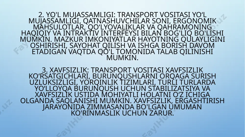 jamoat transpo‘rtini yanada takomillashtirish va shahsi transpo‘rtlarga bo‘lgan ehtiyojni jamoat transpo‘rt bilan yengsa,bu holat ekalogiyaga juda katta tasir ko‘rsatadi va yana hamma avtomabillarni ekalogiyaga tasirini kamaytirish va katta yuk toshuchi moshinalarniham gibrit meshinalarga bosqichma bosqich o‘tkazish. бабков в.ф., андреев о.в. автомобиль йўлларини қидирув ва лойиҳалаш. 1-2 қисмлар. а.р.қодирова томонидан муаллифлаштирилган ўзбек тилидаги таржимаси. тайи. 2015 й. 266 б. s.i. xolmuhamedov., r. j. hakimova. aerodromlarni loyihalash asoslari. toshkent. “voris- nashriyot” 2012 y - 320 b. m.t. nizomova. aerodromlarni qidirish va loyihalash. ma’ruzalar matni. toshkent. 2006-116 b. а.ф.шахидов, а.х.ўроқов, р.м. худайқулов. aloqa yo‘llari, undagi xizmat qiluvchi inshootlar. o’quv qo’llanma. toshkent. 2015-120 b. шнқ 2.05.02-07 “автомобиль йўллари” ўзбекистон республикаси давархитекқурилиш қўмитаси. тошкент. 2008 -67 б. қмқ 2.05.11-95 “ички хўжалик автомобиль йўллари” г. т.: 1996. 56 с. и.с. садиков, к.х. азизов, а.а. артиков. «блогустройство и обустройство автомобильных дорог» учебник, ташкент. шарк-2010 г. 368 с. г.а. федотов, п.и. поскелов. “изыскания и проектирование автомобильных дорог” м. …