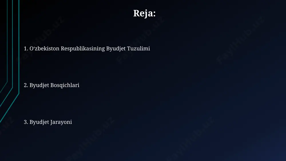 byudjet jarayonining bosqichlari o'zbekiston respublikasining byudjeti loyihasi parlamentga, aniqrog'i oliy majlisga, har yili 15 oktyabrgacha taqdim etiladi va u yerda muhokama qilinadi. viloyatlar va tumanlar byudjetlari respublika byudjetidan keyin, markazlashtirilgan tartibda, taqsimlanadi va 20 dan ortiq ko'rsatkichlar bo'yicha tahlil qilinadi. byudjet taqchilligi va uni moliyalashtirish surxondaryo viloyati hududida amalga oshirilayotgan infratuzilma loyihalari byudjet taqchilligini oshirishga yordam beradi, ammo uzoq muddatli iqtisodiy o'sishni ta'minlashga qaratilgan. byudjet taqchilligini qoplash uchun toshkent shahrida joylashgan davlat aktivlarini boshqarish agentligi orqali xalqaro moliya institutlaridan qarz olish imkoniyatlari ko'rib chiqilmoqda. davlat byudjeti xarajatlari davlat byudjeti xarajatlarining 2023-yilgi hajmi 250 trillion so'mdan ortiq bo'lib, ta'lim, sog'liqni saqlash va infratuzilma rivojiga 40% dan ortiq mablag' yo'naltirilgan. qoraqalpog'iston respublikasi davlat byudjeti xarajatlarining sezilarli qismi qishloq xo'jaligi va suv xo'jaligini rivojlantirishga, ya'ni 20 foizga yaqiniga yo'naltiriladi. oʻzbekiston respublikasining byudjet tuzilishi byudjetning salmoqli qismi, taxminan 30%, infratuzilma loyihalari, jumladan, navoiy viloyatida qurilishi rejalashtirilgan yangi avtomobil yoʻllari va temir yoʻl liniyalariga yoʻnaltiriladi, …