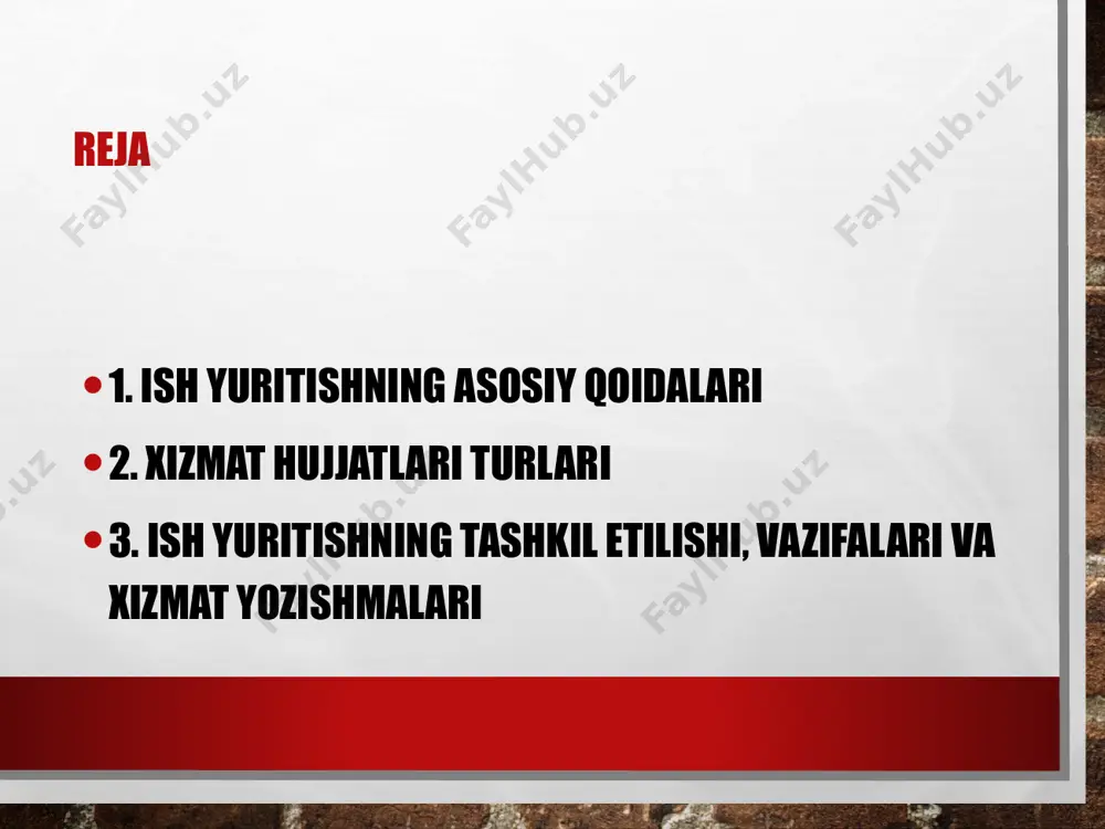 kllar: shablon va metadata talablar tahrir, leksika va rasmiy uslub me’yorlari diagramma — hujjat turlari ulushi shartli taqsimot: buyruq/ko‘rsatma/dalolatnoma/xizmat xati/hisobot 3. tashkil etish, vazifalar va xizmat yozishmalari jarayon bosqichlari, rol va javobgarlik, arxivlash 3.1 jarayon bosqichlari qabul qilish → ro‘yxatga olish → yo‘naltirish → ijro → nazorat → arxiv muddatlar: ijro grafigi va eslatmalar sifat nazorati: nusxa, skan, elektron fayl formatlari (pdf/a) qaytarish va tuzatish sikli 3.2 rollar va javobgarlik kantselyariya: reyestr va muomala bo‘lim boshliqlari: yo‘naltirish, tasdiq va nazorat ijrochilar: bajarish, hisobot va dalillarni taqdim etish arxivchi: fondlar, ro‘yxatlar va saqlash muddati 3.3 xizmat yozishmalari me’yorlari sarlavha va kirish qismi, asosiy matn, xulosa/so‘rov stilistika: aniq, lo‘nda, faktlarga tayanish imzo, lavozim, aloqa va ilovalar ro‘yxati elektron yuborish va qabul qilish protokoli bosqichlar — vaqt ulushi jarayon bosqichlari bo‘yicha shartli vaqt taqsimoti xulosa va tavsiyalar standartlashtirilgan shablonlar ish sifatini va tezligini oshiradi elektron e-ims tizimida ijro intizomini avtomatik nazorat qilish arxivlashda …