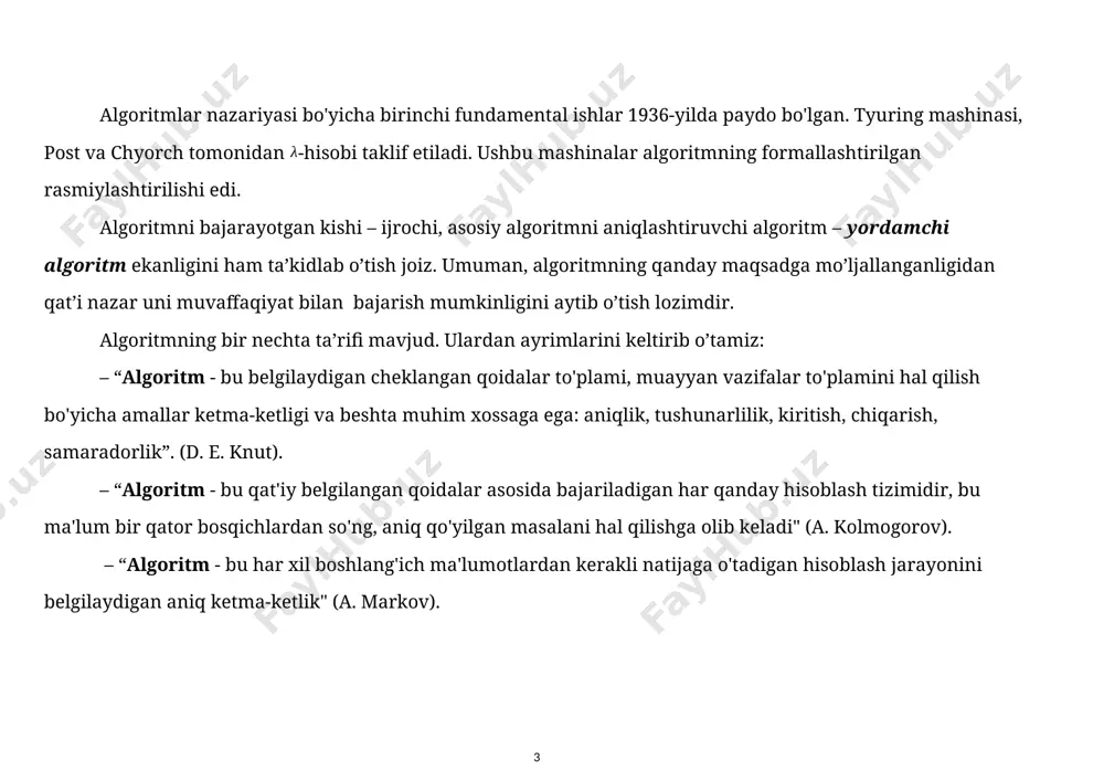 rasmiy tasdiqlash; - vazifalarni tasniflash, murakkablik sinflarini aniqlash va tadqiq qilish; - algoritmlarning murakkabligini asimptotik tahlil qilish; - rekursiv algoritmlarni o'rganish va tahlil qilish; - algoritmlar sifatini qiyosiy baholash mezonlarini ishlab chiqish. algoritm tushunchasini formallashtirish. 1-ta’rif. algoritm - bu ma'lum bir tilda berilgan, mumkin bo'lgan dastlabki ma'lumotlar sinfi uchun masalani hal qilish uchun mumkin bo'lgan elementar amallarning cheklangan ketma-ketligi. masalaning dastlabki ma'lumotlarining to'plami d bo'lsin, va r - mumkin bo'lgan natijalar to'plami, shunda algoritm 𝐃 → 𝐑 ko’rinishida tasvirlanadi. bu tasvirlanish to'liq bo'lmasligi mumkin. agar natija faqat ba'zi 𝑑 ∈ 𝐷 uchun olingan bo'lsa, algoritm qismiy algoritm va agar barcha 𝑑 ∈ 𝐷 uchun to'g'ri natija olsa to'liq algoritm deyiladi. 2-ta’rif. algoritm - bu cheklangan vaqt ichida masalani yechish natijasiga erishish uchun ijrochining harakatlari tartibini tavsiflovchi aniq ko'rsatmalar to'plami. algoritmning aniq yoki bilvosita turli xil ta'riflari bir qator talablarni keltirib chiqaradi: - algoritmda cheklangan miqdordagi elementar bajarilishi mumkin bo'lgan ketma-ketlik …
