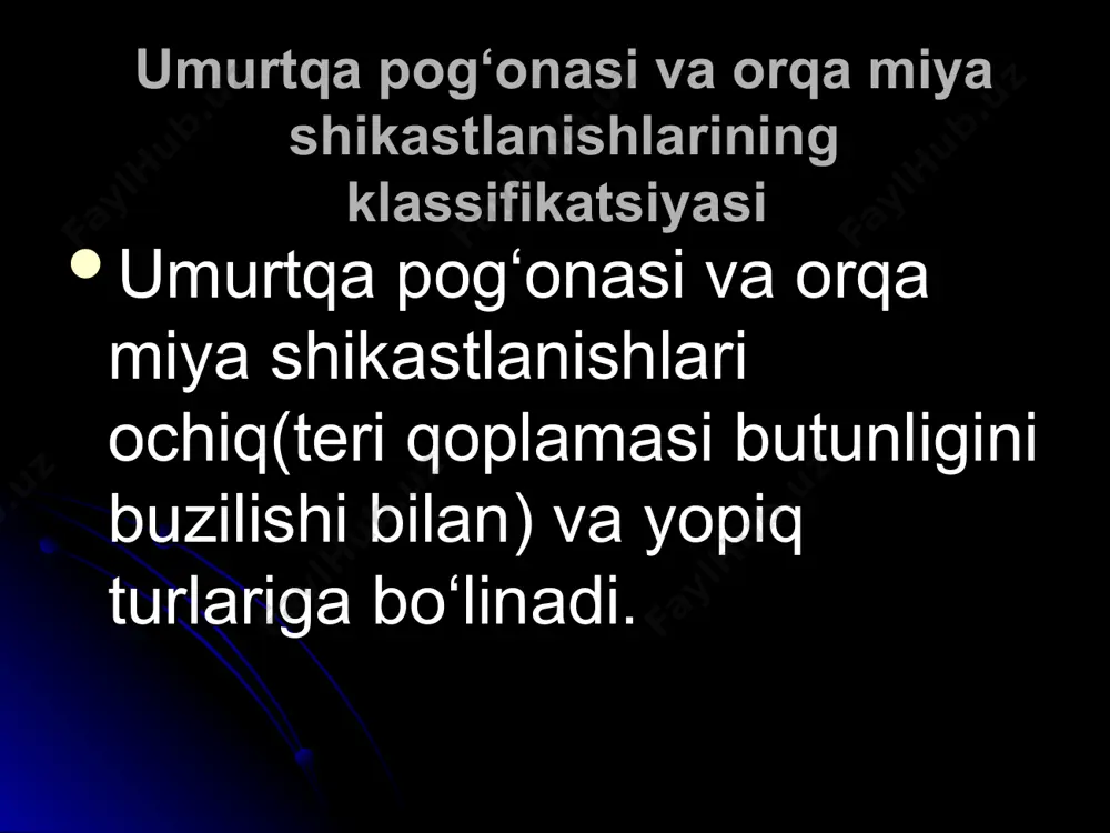 oddada joylashgan o‘tkazuvchi yo‘llarni bosadi. gematomieliyaning tipik lokalizatsiyasi – orqa miyaning bo‘yin kengaymasi. gematomieliyaning asosiy klinik belgisi bo‘lib qo‘llarda harakat buzilishlarning ustun bo‘lib oyoqlarda harakatlarning nisbatan saqlanganligi xisoblanadi. shuningdek sezgining dissotsiyalangan buzilishlari (chuqur va taktil sezgi saqlangan xolatda og‘riq va temperatura sezgisini buzilishi) aniqlanadi. orqa miyaning bo‘yin qismi shikastlanishini sindromi orqa miya o‘tkazuvchanligining to‘liq buzilishi quyidagicha namoyon bo‘ladi: tetraparez yoki tetraplegiya, arefleksiya, shikastlanish darajasidan pastda o‘tkazuvchanlik tipidagi anesteziya , chanoq a’zolari faoliyatlari, siydik va ahlatning davomli tutilish tarzida buzilishi. qavurg‘alararo mushaklar falajligi nafas faoliyatining jiddiy buzilishiga olib kelib, nafas diafragma hisobiga amalga oshadi s4 va undan yuqorida shikastlanish sodir bo‘lganda diaframa falajligi paydo bo‘lib, bemor sun’iy nafas apparatiga o‘tkaziladi shu sohadagi og‘ir travmalar miya shishining orqa va uzunchoq miyaga ko‘tarilishi, nafas hamda tomir-harakat markazlarining ishdan chiqishiga olib keladi orqa miya ko‘krak sohasi shikastlanish sindromi qorin va pay reflekslarining buzilishi bilan kechuvchi oyoqlarning falajliklari shikastlangan sohadan boshlanuvchi sezgining o‘tkazuvchanlik tarzda buzilishi …