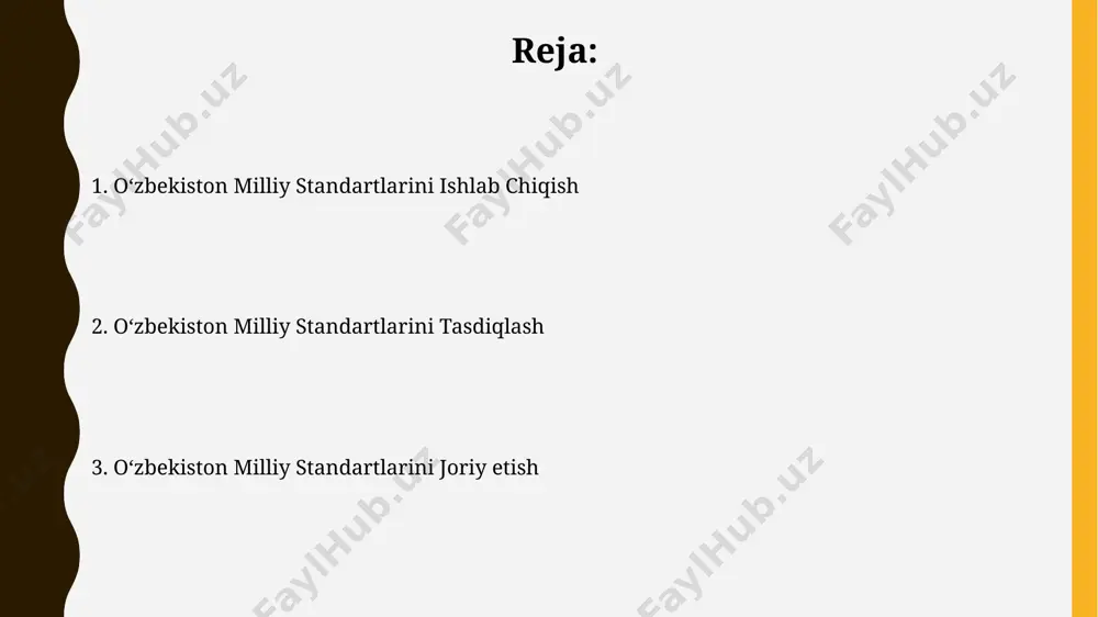 o'zaro aloqasi milliy standartlarning 50% dan ortig'i, xususan, toshkent shahrida joylashgan standartlashtirish tashkilotlari tomonidan ishlab chiqilgan bo'lib, texnik reglamentlarning talablariga mos keladi. 2023 yil holatiga ko'ra, o'zbekiston respublikasida qabul qilingan 300 dan ortiq texnik reglament milliy standartlarning rivojlanishiga va ularning samarali qo'llanilishiga sezilarli ta'sir ko'rsatdi. milliy standartlarni tasdiqlash tartibi standart loyihalari mutaxassislar kengashi tomonidan, kamida 5 nafar mutaxassis ishtirokida, toshkent shahrida koʻrib chiqiladi va keyingi bosqichga tavsiya etiladi. milliy standartlarni tasdiqlash jarayoni oʻzbekiston standartlashtirish, metrologiya va sertifikatlashtirish agentligi tomonidan 30 kun ichida amalga oshiriladi, hujjatlarning toʻliqligi va sifatiga qarab. standartlashtirish soha mutaxassislarini tayyorlash ўзбекистон миллий стандартлаштириш ва сертификатлаштириш агентлиги ҳар йили 150 нафардан ортиқ мутахассисни малака ошириш курслари орқали қайта тайёрлаб келмоқда. стандартлаштириш соҳасидаги 3 йиллик магистратура дастурлари 2024 йилдан бошлаб самарқанд ва нукус шаҳарларидаги университетларда жорий этилади. standartlarni ro'yxatdan o'tkazish va e'lon qilish oʻzbekiston respublikasi standartlashtirish, metrologiya va sertifikatlashtirish agentligi tomonidan 2023 yilda 500 dan ortiq milliy standart roʻyxatdan …