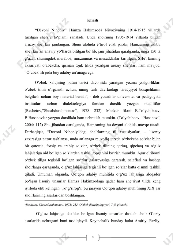 ni usmonli turklar qo‘liga ham borib etgan va u erda kitobot qilingan. amiriy she’rlariga uchinchi ta’sirni qo‘qon xonligining xorazm xonligi bilan durust aloqada bo‘lganligi bilan asoslash mumkin. to‘rtinchi ta’sir esa, qo‘qon adabiyotida fuzuliy, maxtumquli, nasimiy nazmiyotining keng tarqalgani deb ko‘rsatsa bo‘ladi. kurs ishi maqsadi: hamza g‘azallarida vazn xususiyati haqida ilmiy-metodik tavsiyalar ishlab chiqish. kurs ishi ob’ekti: hamza g‘azallarida vazn xususiyati bilan tanishtirish jarayoni kurs ishi predmeti: hamza g‘azallarida vazn xususiyati bilan tanishtirish ko‘nikmalari kurs ishining amaliy ahamiyati. kurs ishi jarayonida ilgari surilgan fikrlardan, yondashuvlardan hamda samaradorligini ta’minlovchi kurs ishi natijalaridan pedagogik fanlar bo‘yicha ma’ruzalar tayyorlash, qo‘llanmalar yaratish, shuningdek metodik tavsiyanomalar yaratishda, ish tajribalarini ommalashtirishda samarali foydalanishga xizmat qiladi. kurs ishi ishining tarkibiy tuzilishi va hajmi: ish kirish, 2 bob, 4 bo‘lim, umumiy xulosalar va tavsiyalar, foydalanilgan adabiyotlar ro‘yhatidan iborat. i bob. hamza hakimzoda niyoziyning hayoti va asarlarining o‘ziga xosligi 1.1. hamza hakimzoda niyoziyning hayoti va ijodi hamza xx asr oʻzbek …
