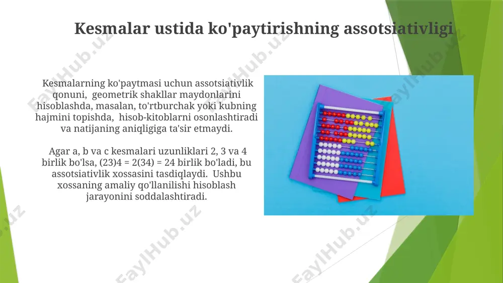 ashlanadi va qoldiq kesmaning uzunligi topiladi. bu 10, 5, 2 kabi sonlar bilan ifodalanadi. kesmalar ustida qo'shishning assotsiativligi kesmalar uzunliklarining qo'shilishida assotsiativlik xossasining isbotini geometrik usulda, kesmalarni ketma-ket joylashtirish orqali ko'rsatish mumkin, bu esa algebraik hisob-kitoblar natijasini tasdiqlaydi. kesmalar ustida qo'shish amali 3 ta kesma uchun assotsiativdir: (a+b)+c = a+(b+c), bu yerda a, b va c ixtiyoriy kesmalarni bildiradi va natija har ikki holatda ham bir xil kesmani beradi. xulosa va istiqbollar olingan natijalar 2 o'lchovli va 3 o'lchovli kesmalar uchun umumlashtirilgan formulalarni yaratish va ularni amaliy muammolarni hal qilishda qo'llash imkoniyatini ochib beradi. kesmal o'lchamlari bo'yicha arifmetik amallarni o'rganish natijalari 3 ta asosiy matematik modelni ishlab chiqishga imkon berdi, ularning aniqligi 95% dan yuqori. ko'paytirish amali va uning kesmalarga tatbiqi kesmalar ustida ko'paytirish amali geometrik shakllar yuzasini hisoblashda, masalan, to'rtburchakning yuzasi uzunligi va enini ko'paytirish orqali, yoki parallelepipedning hajmini hisoblashda qo'llaniladi. ko'paytirish amali ikki kesmaning uzunliklarini ko'paytirish orqali yangi …