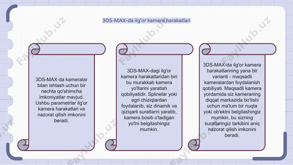 niyatini beradi. kamera yo'llarini yaratish va boshqarish 3ds-max-dagi asosiy kamera operatsiyalariga qo'shimcha ravishda, kameralar bilan ishlash uchun bir nechta qo'shimcha imkoniyatlar mavjud. ushbu variantlar kamerani yanada ilg'or manipulyatsiya va boshqarish imkonini beradi. bunday variantlardan biri kamera yo'llarini yaratish va boshqarish qobiliyatidir. bu sizga animatsiya ketma-ketligi davomida kamera kuzatib boradigan muayyan yo'lni aniqlash imkonini beradi. dinamik kamera harakatlarini yaratish uchun yo'l bo'ylab kameraning vaqtini, tezligini va holatini sozlashingiz mumkin. yana bir variant - bir nechta kamera ko'rinishini o'rnatish qobiliyati. bu sizga sahna ichidagi turli kamera istiqbollari o'rtasida almashish imkonini beradi. turli burchaklar, ko‘rinishlar va kadrlarni suratga olish uchun turli kameralarni o‘rnatishingiz va o‘zgartirishingiz mumkin. kamera silkinishi va harakatni xiralashtirish qo‘shilmoqda 3ds-max-da kameralar bilan ishlashning qo'shimcha variantlaridan biri bu kamera tebranishini qo'shishdir. bu kameraning tabiiy harakatini taqlid qilish va yanada real effekt yaratish uchun ishlatilishi mumkin. yana bir variant - kameraga harakatni xiralashtirishni qo'shish. bu harakatsiz tasvirda harakat illyuziyasini yaratish yoki animatsiyada …