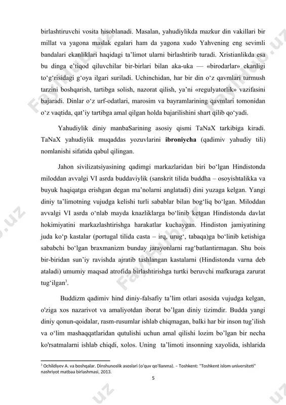 hidan, har bir din o‘z qavmlari turmush tarzini boshqarish, tartibga solish, nazorat qilish, ya’ni «regulyatorlik» vazifasini bajaradi. dinlar o‘z urf-odatlari, marosim va bayramlarining qavmlari tomonidan o‘z vaqtida, qat’iy tartibga amal qilgan holda bajarilishini shart qilib qo‘yadi. yahudiylik diniy manbasarining asosiy qismi tanax tarkibiga kiradi. tanax yahudiylik muqaddas yozuvlarini ibroniycha (qadimiv yahudiy tili) nomlanishi sifatida qabul qilingan. jahon sivilizatsiyasining qadimgi markazlaridan biri bo‘lgan hindistonda miloddan avvalgi vi asrda buddaviylik (sanskrit tilida buddha – osoyishtalikka va buyuk haqiqatga erishgan degan ma’nolarni anglatadi) dini yuzaga kelgan. yangi diniy ta’limotning vujudga kelishi turli sabablar bilan bog‘liq bo‘lgan. miloddan avvalgi vi asrda o‘nlab mayda knazliklarga bo‘linib ketgan hindistonda davlat hokimiyatini markazlashtirishga harakatlar kuchaygan. hindiston jamiyatining juda ko‘p kastalar (portugal tilida casta – irq, urug‘, tabaqa)ga bo‘linib ketishiga sababchi bo‘lgan braxmanizm bunday jarayonlarni rag‘batlantirmagan. shu bois bir-biridan sun’iy ravishda ajratib tashlangan kastalarni (hindistonda varna deb ataladi) umumiy maqsad atrofida birlashtirishga turtki beruvchi mafkuraga zarurat tug‘ilgan . …