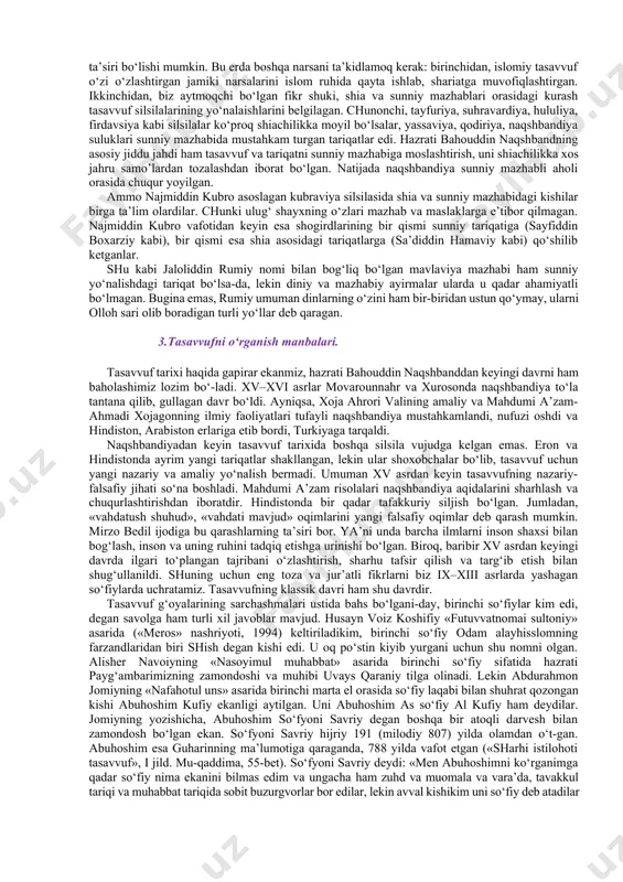 i rasmu rusumga ergashuvchi demak, ammo mutarasmlar darveshlarning odatlariga zohiran taqlid qilsalar-da, botinan hol talabgoridirlar va shu toifiga ixloslari tufayli fayzdan bahramanddirlar. muhaqqiqlar – haqqa yetganlar, ularni oliy martabali so‘fiylar deb ta’riflash mumkin. haqiqiy avliyolar, shayxi murshidlar shular ichidan yetishib chiqqan. bu o‘rinda muhaqqiq so‘fiylarning najib sifatlari xususida to‘xtab o‘tish joiz deb hisoblaymiz. avvalo, shuni ta’kidlash kerakki, chin so‘fiy o‘zlikdan va foniy dunyolan kechgan va haq baqosida o‘zligini qayta topgan zot bo‘lib, suratda bandayu, ma’nida ozod kishidir. surat – tashqi ko‘rinishda banda bo‘lish – jism-tanani iloh toatiga bag‘ishlash bo‘lsa, ma’nida ozodlik-botinni barcha aloqalardan tozalab, ruhni hur va pok saqlash demak. so‘fiyga hech bir narsa va hech bir kishi qaram bo‘lmasligi; uning o‘zi ham hech bir narsaning va hech bir odamning qarami bo‘lmsaligi kerak. bahouddin naqshband aytganlariday: hechi mo neyu hechi mo kam ne, az payi hech-hechi mo g‘am ne, janda bar pushtu pusht-go‘riston, ro‘ze ki mirem hech motam ne. ma’nosi: …