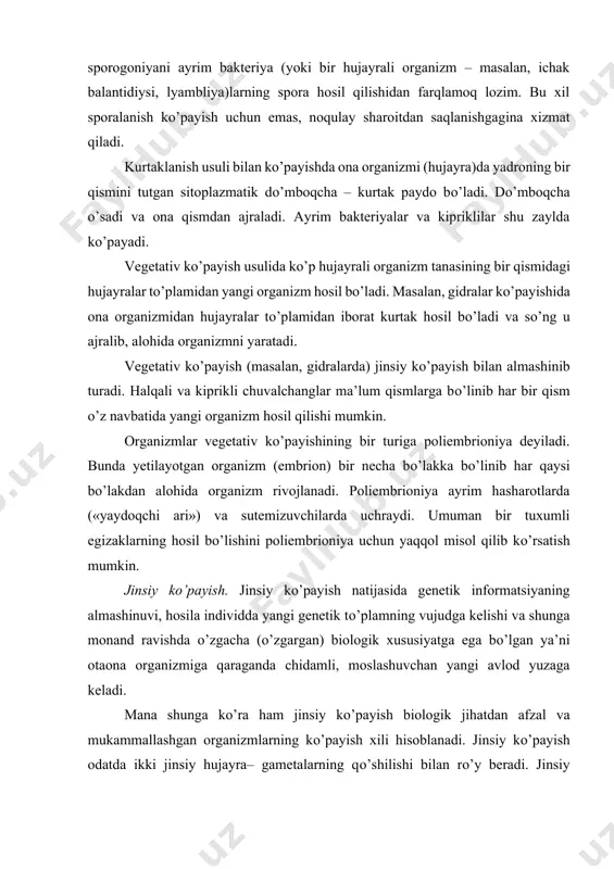 netik tо’plamning vujudga kelishi va shunga monand ravishda о’zgacha (о’zgargan) biologik xususiyatga ega bо’lgan ya’ni otaona organizmiga qaraganda chidamli, moslashuvchan yangi avlod yuzaga keladi. mana shunga kо’ra ham jinsiy kо’payish biologik jihatdan afzal va mukammallashgan organizmlarning kо’payish xili hisoblanadi. jinsiy kо’payish odatda ikki jinsiy hujayra– gametalarning qо’shilishi bilan rо’y beradi. jinsiy kо’payishning bunday gametalarning qо’shilishi bilan sodir bо’lishi ham evolyutsion tarzda, asta-sekin yuzaga kelgan. jinsiy kо’payishning eng qadimiy – ibtidoiy kо’rinishi plazmogamiya hodisasida namoyon bо’ladi. plazmogamiyada (ayrim amyobalarda sodir bо’luvchi) ikki hujayra qо’shilib ikki yadroli tuzilma hosil qiladi. qisqa muddatdan sо’ng hujayra sitoplazmasi qayta ikkiga bо’linadi har bir hosila hujayra avvalgi yadrolardan biriga ega bо’ladi. har bir amyobaning sitoplazma tarkibi aralashgan, ya’ni ikkita qо’shilgan amyoba, sitoplazmasidan iborat bо’ladi. mana shu sitoplazma mahsulotining aralashishi bilan hosil bо’lgan individ – amyoba о’zgacha xususiyatga ega bо’ladi. jinsiy kо’payishning anchagina murakkablashgan xillarini 2 guruhga ajratish mumkin: konyugatsiya, kopulyatsiya. konyugatsiya bakteriya, infuzoriyalarga xos bо’lgan kо’payish …