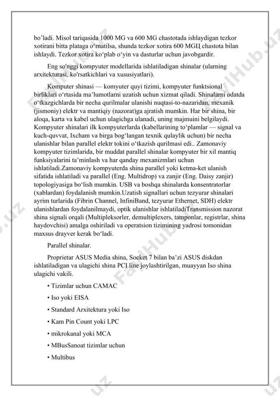 drop) va zanjir (eng. daisy zanjir) topologiyasiga boʻlish mumkin. usb va boshqa shinalarda konsentratorlar (xablardan) foydalanish mumkin.uzatish signallari uchun tezyurar shinalari ayrim turlarida (fibrin channel, infiniband, tezyurar ethernet, sdh) elektr ulanishlardan foydalanilmaydi, optik ulanishlar ishlatiladitransmission nazorat shina signali orqali (multipleksorler, demultiplexers, tamponlar, registrlar, shina haydovchisi) amalga oshiriladi va operatsion tizimining yadrosi tomonidan maxsus drayver kerak boʻladi. parallel shinalar. proprietar asus media shina, socket 7 bilan baʼzi asus diskdan ishlatiladigan va ulagichi shina pci line joylashtirilgan, muayyan iso shina ulagichi vakili. • tizimlar uchun camac • iso yoki eisa • standard arxitektura yoki iso • kam pin count yoki lpc • mikrokanal yoki mca • mbussanoat tizimlar uchun • multibus • nubus yoki ieee 1196intel 80486 • optik mahalliy shina, • periferik component interconnect yoki pci. • s-100 yoki ieee 696 shina, altair va shunga oʻxshash mikrokompyuterda ishlatiladi • sbus yoki 1496 ieee • 80486, protsessor uchun asosan diskda ishlatiladi va …