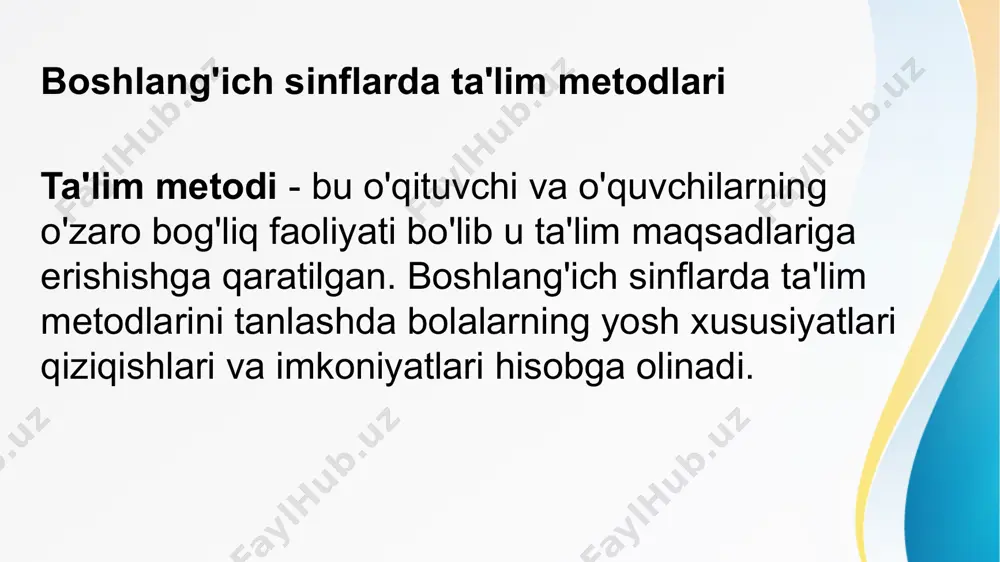 larini tanlashda quyidagilarga e'tibor berish kerak: ta'lim maqsadlari va vazifalari o'quv materialining mazmuni o'quvchilarning yosh xususiyatlari va qiziqishlari o'qituvchining tajribasi va mahorati ta'lim muassasasining imkoniyatlari e’tiboringiz uchun rahmat image1.jpeg image3.png image4.png image5.png image2.jpeg /docprops/thumbnail.jpeg