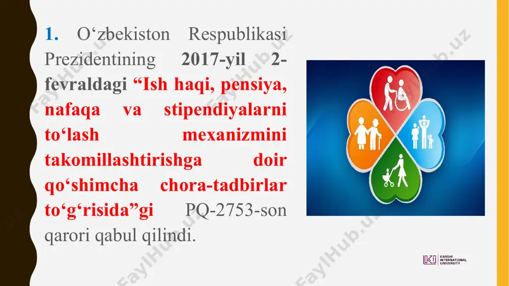 : siyosiy partiyalar; iqtisodiy birlashmalar (assotsiatsiyalar); jamoat birlashmalari; o‘zini o‘zi boshqarish organlari; nodavlat notijorat tashkilotlari; jamoat fondlari (amir temur, bobur va “oltin meros” xalqaro jamg’armalari); ommaviy harakatlar (“yoshlar ittifoqi”, o‘zbekiston ekologik harakati); diniy tashkilotlar; erkin ommaviy axborot vositalari. birlashgan millatlar tashkilotining bosh assambleyasi tomonidan 9-dekabr – “korrupsiyaga qarshi kurash kuni” deb e'lon qilingan va har yili ushbu sana keng nishonlanadi. 2003- yilning ushbu sanasida bmtning korrupsiyaga qarshi kurash konvensiyasi imzolangan. “korrupsiyaga qarshi kurashish to‘g‘risida”gi o‘zbekiston respublikasi qonuni oliy majlis qonunchilik palatasi tomonidan 2016-yil 24- noyabrda qabul qilinib, senati tomonidan 2016-yil 13-dekabrda ma'qullangan. prezident tomonidan 2017-yil 3-yanvarda tasdiqlanib, 4-yanvardan kuchga kirdi. qonun 34 moddadan iborat. korrupsiyaga qarshi kurashish bo‘yicha faoliyatni amalga oshiruvchi davlat organlari: prokuratura, milliy xavfsizlik xizmati, adliya, ichki ishlar, bosh prokuratura qoshidagi iqtisodiy jinoyatlarga qarshi kurashish deparatamenti, davlat bojxona xizmati hamda oavlari. foydalanilgan adabiyotlar: 1. karimov i.a. yuksak ma’naviyat – yengilmas kuch. – toshkent: ma’naviyat, 2008. 2. karimov i.a. …