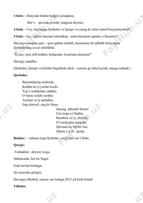 lak uchun ko’p rahmat. savollarim ko’p sizga, beray navbatma-navbat. yalmog’iz va uning o’rtoqlariga eng toza tilaklarni do’stlariga samimiy ohangda aytish buyuriladi, “eng yaxshi do’st” sovrini e’lon qilinadi, g’oliblarga qorqiz sovg’a ulashadi. (shuningdek turli xil savollar ham beriladi.) qorbobo: · mana davramiz yana kengaydl, jamuljam bo’ldik, yovuzlik yengildi. birdamlik inoqlik, do’stlik, donolik va topqirlik g’alaba qildi. ana shu yaxshi fazilatlar yil davomida sizlarni tark etmasin. bolalar: · dillarga orzular urug’in sochib, yangi yilimiz ham kirib kelmoqda. istiqlol qasrining eshigin ochib, yurakka ajib tuyg’u sochmoqda. yangi yilimizdan umidimiz ko’p, yaxshi niyatimiz – yarim baxtimiz. ko’nglimiz buloqning suvidek shaffof, ijobat bo’lg’usi ezgu ahdimiz. xush kelding, mustaqil yurtimiz uzra, tarixda bo’lib qol yillarning guli. zalda tamoshabinlar joylaridan turib, sahna ishtirokchilariga jo’r bo’lib “prezident archasi” qo’shig’ini aytadilar. izoh jamiyatimida ro’y berilayotgan o’zgarishlar bizni xalq an'analari bayramlariga yangicha qarashga undaydi,ya'ni: milliy madaniyatimizni asrab avaylash xalq xarakterini o’zimizda jamlash kamol topadigon munosib shaxsni tarbiyalash muhim image1.png image2.wmf