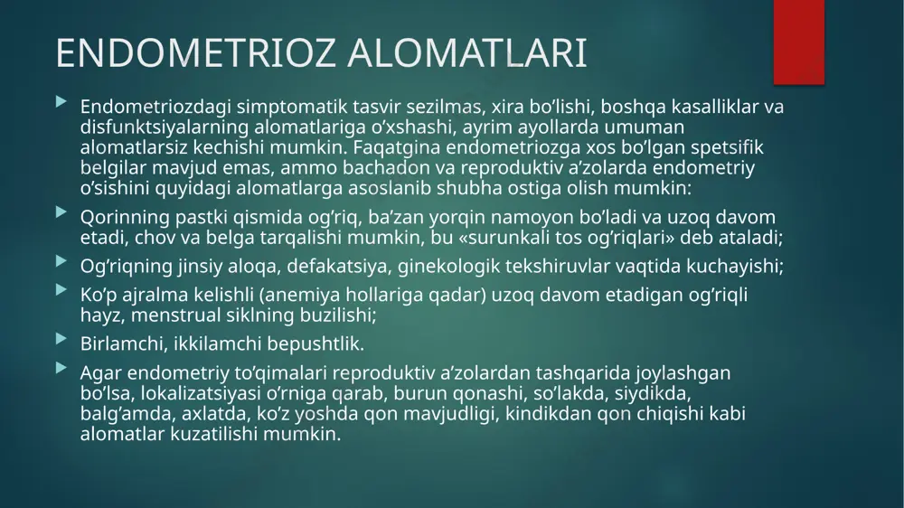 ncha sistit deya noto’g’ri tashxis qo’yish va shunga tegishli davolash choralarini qo’llashga sabab bo’ladi. sistitni davolash choralariga javob qaytarmaydigan ushbu kasallik rivojlanib borishi bilan siydikda qon paydo bo’ladi, og’riq kuchayadi. tashxisini to’g’ri shakllantirishni osonlashtirish uchun, alomatlar va hayz siklining korrelyatsiyasiga e’tibor berish kerak. yakuniy tashxis sistoskopiya usuli yordamida qo’yiladi. endometriozni davolash og’riqni qoldirish endometriozdagi og’riq sindromi bemorlarning hayot sifatini sezilarli darajada pasaytiradi, shuning uchun og’riqni bartaraf etishga yetarlicha e’tibor berish kerak. buning uchun oddiy analgetiklar (paratsetamol) va nyqp ishlatiladi. 2003 yilda platsebo bilan taqqoslaganda algodismenoreyani davolashda nyqpning samaradorligini oshkor etuvchi sistematik tekshiruv o’tkazildi. tadqiqotda qatnashgan ayollarning katta ulushi endometriozga uchraganligi juda muhim. kombinativ oral kontraseptivlarni og’riqli sindromda beradigan nafi borasida juda kam dalillar mavjud, ammo ular hozirgacha qo’llanilmoqda va samarali hisoblanadi. tadqiqot natijalariga asoslanib, progesteron preparatlari samaradorligi endometriozning tasdiqlangan tashxisiga ega bo’lganda qo’llaniladigan boshqa dorilar samaradorligi bilan bir xil. ulardan ushbu kasallikda foydalanish yaxshi tolerantlik va oz sonli nojo’ya ta’sir …