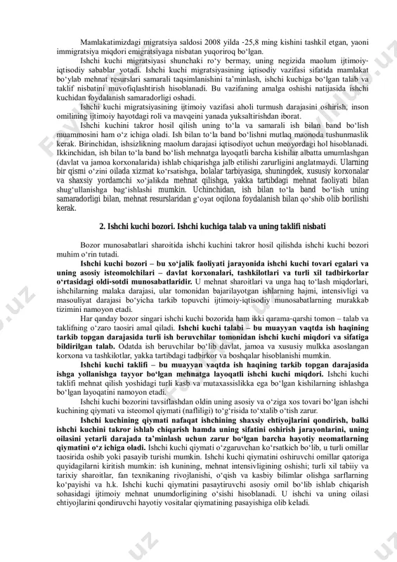 da 2003 yilga qadar har 1000 kishiga toʻgʻri keluvchi tugʻilganlar soni qisqarib borib, keyinchalik yana oʻsa boshlagan. tahlil davrida oʻlganlar soni ham kamayib bormoqda. buning natijasida har 1000 kishiga toʻgʻri keluvchi tabiiy oʻsish 1991 yildagi 28,3 kishidan 2003 yildagi 14,5 kishiga qadar qisqargan. keyingi yillarda yana oʻsib, 2008 yilda 18,6 kishini tashkil etgan. 20.1-jadval respublikada aholining tabiiy harakatlanishi yillar koʻrsatkichlar (har 1000 kishi hisobiga) tugʻilish oʻlish tabiiy oʻsish 1991 34,5 6,2 28,3 1995 29,8 6,4 23,4 1996 27,3 6,2 21,1 1997 26,0 5,9 20,1 1998 23,0 5,8 17,2 1999 22,3 5,3 17,0 2000 21,5 5,5 16,0 2001 20,4 5,3 15,1 2002 20,9 5,4 15,5 2003 19,8 5,3 14,5 2004 20,4 5,0 15,4 2005 20,3 5,4 14,9 2006 20,9 5,3 15,6 2007 22,6 5,1 17,5 2008 23,6 5,0 18,6 manba: oʻzbekiton respublikasi davlat statistika qoʻmitasi maolumotlari. ishchi kuchi resurslarining soni va sifati mamlakat aholisi soni, jinsi va yoshi jihatidan tarkibi bilan …
