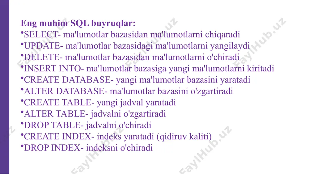 i. sql upper funktsiyasining sintaksisi: 14 1 select lower (expression) from source sql lower funktsiyasi sql upper funksiyasiga qarama-qarshi ishlaydi. belgilangan matn yoki ifoda uchun katta harflarni kichik harflarga aylantiradi. sql lower funktsiyasining sintaksisi select lower (expression) from source 15 thank you lorem ipsum dolor sit amet, consectetur adipiscing elit, sed do eiusmod tempor incididunt ut labore et dolore www.reallygreatsite.com image1.jpeg image2.png image3.svg image3.jpeg image4.jpeg image5.jpeg image6.jpeg image7.png image8.jpeg image9.png image10.png image11.jpeg image12.png image44.svg /docprops/thumbnail.jpeg