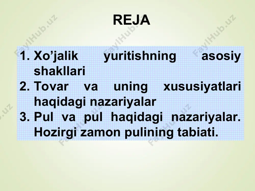i (nafliligi) – kishilarning biron-bir extiyojini qondirish qobiliyati qiymati – bir turdagi tovarni boshqa bir turdagi tovarga ma`lum miqdorda almashish qobiliyati individual naflilik– aloxida iste`molchining sub`ektiv-ruxiy xolati nuqtai-nazaridan baholangan naflilik ijtimoiy zarur naflilik – talab miqdoriga mos keladigan miqdordagi naflilik ne’matning qadr-qimmatining o`lchami baxo - narx baxo – bu qiymatning puldagi ifodasi narx shakllanishiga talab, taklif va raqobat ta`sir qiladi pulning kelib chiqishi tabiati pulning kelib chiqishi xaqidagi nazariy yondoshuvlar ratsionalistik yondashuv evolyutsion yondashuv pulning kelib chiqishi kishilar o’rtasida kelishuv tufayli yuz bergan pul jamiyatning ijtimoiy – iqtisodiy taraqqiyoti mahsuli 27 pul ichki qadr-qimmatga ega emas. pulning qimmati muomaladagi pul miqdori bilan aniqlanadi * qiymat shakllari qiymat shakllari nisbiy ekvivalent oddiy , tasodifiy 1 qop don 1 ta bolta to’la yoki kengaytirilgan 20 metr bo’z 1 ta kostyum yoki 20 metr bo’z 2 qop don 2 ta bolta umumiy 1 ta kostyum 2 qop don 2 ta bolta 20 kg …