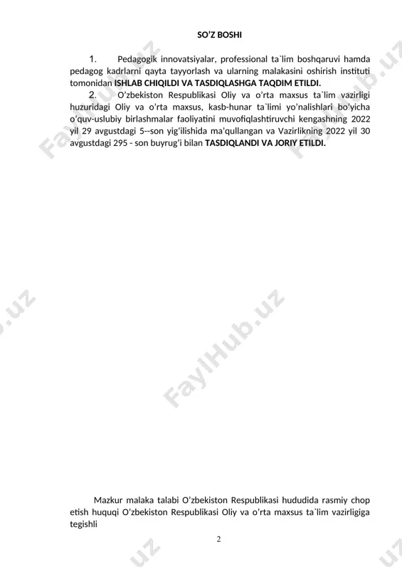 i ta`lim dasturini o’zlashtirgan bitiruvchilarga qo’yilgan talablarni baholash…….……..22 1. qo’llanilish sohasi mazkur malaka talabi o’zbekiston respublikasida harakat tarkibiga xizmat ko’rsatish va ta`mirlash chilangari kasbi bo’yicha kadrlar tayyorlashning zaruriy bilimlar mazmuni va kasbiy kompetensiyasiga qo’yiladigan talablarni va pirovard maqsadlarini,shuningdek ta`lim oluvchilarning o’quv yuklamalari hajmi va standart talablarini bajarilishi nazoratini belgilaydi. malaka talabi ta`lim oluvchilarning kasbiy tayyorgarligi sifati va kasbiy kompetensiyasini baholashda hamda ta`lim muassasalarini attestatsiyadan o’tkazishda asosiy mezon hisoblanadi. mazkur talablarning bajarilishi professional ta`lim muassasalarining bitiruvchilariga professional ta`limning tegishli darajasini olganligi to’g`risida davlat namunasidagi hujjat berilishi uchun asos hisoblanadi. malaka talabi ta`limni boshqarish davlat organlari va ta`lim faoliyati sub`ektlari tomonidan, idoraviy bo’ysunuvi va mulkchilik shakllaridan qat`iy nazar, tatbiq etilishi majburiydir. ushbu malaka talabi 40711501-harakat tarkibiga xizmat ko’rsatish va ta`mirlash chilangari kasbining h01.112.0641/б-20 (№ 112-ич от 19.06.2020)ning tasdiqlangan kasbiy standart talablari asosida ishlab chiqildi. 2. kasbiy ta`lim xususiyati 2.1. 40711501-harakat tarkibiga xizmat ko’rsatish va ta`mirlash chilangari kasbi doirasida beriladigan kvalifikatsiya: 1.vagonlarni ko’rikdan …