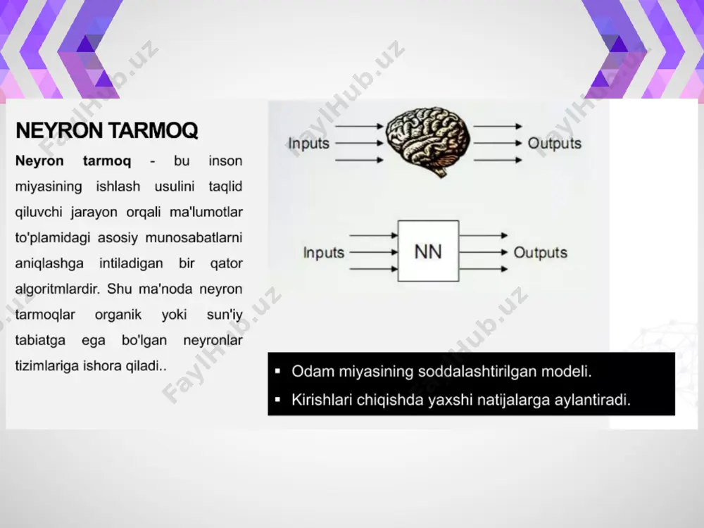 dligi; ma’lumotlar va bilimlarni tasvirlash usullarining ko’pligi; parallel dasturlash imkoni mavjudligi; xatoliklarga nisbatan barqarorligi; sun’iy neyron tabiiy neyronning funksiyasini bajara oladigan matematik model, apparat yoki kompyuter dasturidir. bunda signallarning qiymati (ya’ni amplitudasi)gina hisobga olinadi. tabiiy neyronda esa nafaqat signalning qiymati, balki chastotasi ham hal qiluvchi ahamiyatga ega bo’lishi mumkin. sun’iy neyron oddiy element hisoblanib, biologik neyronning birgina vazifasini (axborotni qayta ishlashi) bajarishiga mo’ljallangan. sun’iy neyron to’ri ishlaganda kirish elementlariga o‘zgaruvchi kirish qiymatlari beriladi, keyin signallar ketma-ket neyronlar oralig‘i va chiqish qatlamini qayta ishlaydi. ulardan har biri avvalgi qatlamning chiqish elementlarini muallaq yig‘indisini oladi va bundan boshlang‘ich qiymatlarni o‘qib, faollashish qiymatini hisoblaydi. so‘ng faollashish qiymati faollashish funksiyasi yordamida qayta ishlanadi va natijada neyronning chiqishi hosil bo‘ladi. undan keyin, hamma tarmoqlar qayta ishlanib, chiqish qatlamlaridagi chiqish elementlari qiymatlari hamma tarmoq uchun umumiy tarzda qabul qilinadi. buning uchun avval sun’iy neyron to’ri sozlanadi. sozlangan to’rni “o‘rgatish to’ri” deb nomlaymiz. sun’iy neyron to’ri vositasida …