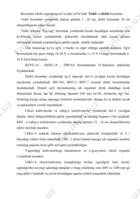 qurlikda yumshatadi, freza yordamida 8 sm chuqurlikkacha yumshatadi va dalani fartuki bilan tekislaydi. dala yuzasini tekislashda vp-8a dala yuzasini tekislagichdan foydalaniladi. bu qurolning ishchi organlari fartuklar bo’lib tuproq qatlamini balandlikdan chuqurlikka suradi.qurolning orqasiga o’rnatilgan sakkizta borona tekislangan yuzadagi maydonlarni tekislab ketish uchun xizmat qiladi. yumshatilgan tuproq qatlamini molalash (zichlash) da mv-6a mola tekislagichidan yoki bir necha xil turdagi molalardan foydalaniladi. gx-4 pushta olgichi yordamida ko’zda haydalgan maydonlar tekislangandan so’ng pushta olinadi. pushta markyor yordamida olinadi, natijada chekka qatorlar oralig’i ham asosiy qator oralig’iga teng bo’ladi. gx-4 pushta olgich mtz -80xa yoki vt-150 traktorlariga uch nuqtali sistemada o’rnatilib ishlatiladi. ishlash chuqurligi pushta olgichning tayanch g’ildiraklari holatlari o’zgartirilib sozlanadi. 4. erga ishlov berish mashinalarini takomillashtirishnmg asosiy yo’nalishlari. paxta etishtirishni mexanizasiyalash darajasini oshirish va mehnat sarfini kamaytirish uchun yangi texnik vositalar ishlab chiqish va mavjudlarini takomillashtirish zarur. masalan, takomillashtirilgan chku-4a chizel-kultivatori, grx-2-50 chuquryumshatgichi, abn-8,5 boronalash agregati ishlab chiqilmoqda. takomillashtirilgan chku-4a kam tortish qarshiligiga …