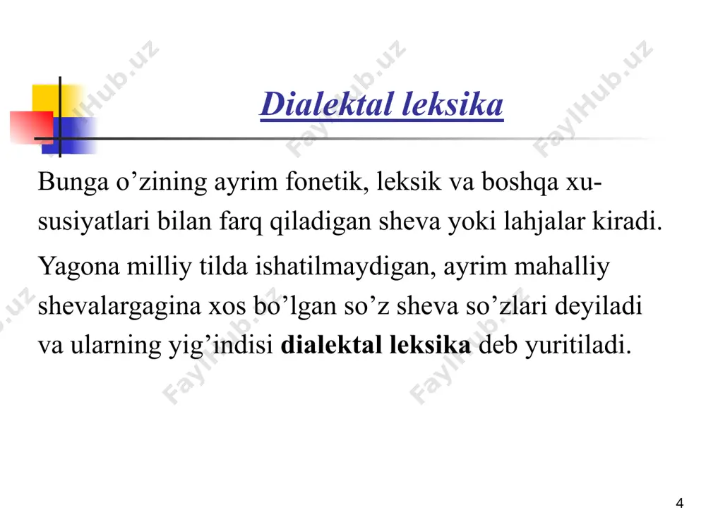 , bedana ( to’pponcha) zamri ( qimirlama), shuxer 9 qoch) va boshqalar vulgarizmlar tilda mavjud bo’lgan so’kish va qarg’ish so’zlaridir. haromi, qiztaloq, yer yutkir, oqpadar va boshqalar varvarizmlar tilda o’rinsiz ishlariladigan chet so’zlar: uspet qilolmadim, papasha, mamasha, znachit va boshqalar adabiyotlar: 1. abduraxmonov g, sulaymonov a., xoliyorov x., omonturdiyev j. hozirgi o’zbek adabiy tili. 2. g’ulomov a., asqarov m. hozirgi o’zbek adabiy tili.. 3. g’ulomov a., asqarova m. hozirgi o’zbek adabiy tili. 4.maxmudov n, nurmonov a. o’zbek tilining nazariy grammatikasi. toshkent 5. madrim hamrayev. ona tili. toshkent 2013 6. s. rahimov, b. umurqulova , a. eshonqulova hozirgi o’zbek adabiy tili. toshkent 2001 это другой параметр для обзорных слайдов, использующих переходы. 16 e’tiboringiz uchun rahmat! microsoft инженерное мастерство конфиденциальная информация майкрософт 17 достаточно ли лаконична презентация? переместите излишнее содержимое в приложение. используйте слайды приложения для содержимого, ссылка на которое может потребоваться при показе слайда вопроса, или которое может быть полезно слушателям …