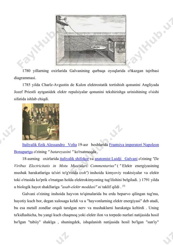(ya'ni, statik elektr) qo'shimcha ravishda elektrning bir shakli hisoblanadi . [6] galvanining ilmiy hamkasblari uning fikrlarini umuman qabul qildilar, ammo alessandro volta "hayvonlarning elektr suyuqligi" g'oyasini rad etdi , baqaning oyoqlari metallning temperaturasi , tarkibi va massasining farqiga javob beradi , deb javob berdi . [5] [6] galvani buni bir xil materialning ikki bo'lagi bilan mushak harakatini olish orqali rad etdi. 19-asr 19-asrda ser hamfri devining portreti. 1800-yilda, uilyam nikolson va johann wilhelm ritter suv chirishi muvaffaq vodorod va kislorod bilan elektrolizi . ko'p o'tmay, ritter elektrokaplama jarayonini kashf etdi . shuningdek, u elektrolitik jarayon davomida yotqizilgan metall miqdori va hosil bo'lgan kislorod miqdori elektrodlar orasidagi masofaga bog'liqligini kuzatdi . [7] 1801 yilga kelib ritter termoelektrik oqimlarni kuzatdi va tomas iogann zebek tomonidan termoelektrning kashf etilishini kutdi . [8] 1810-yillarga kelib, uilyam xayd vollaston galvanik xujayrani takomillashtirdi . ser hamfri devining elektroliz bilan ishlashi oddiy elektrolitik xujayralarda elektr energiyasini ishlab …