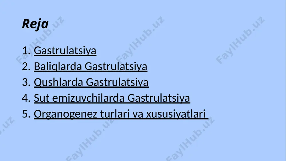 o 'ta riladi va orqa qirg'og'ida burala boshlaydi. buning natijasida qirg 'oq kertigi hosil bo'ladi. bu qirg'oq uzunlashadi, chuqurlashadi, natijada homila gardishi ikki qavat bo ' lib qoladi. tashqi qavat ektodermani, ichki qavati esa endodermani tashkil etadi. birlamchi ichak bo'shlig'i gastrosel hosil bo'ladi va u lansetniklarning, amfibiylarning birlamchi ichagidan, tubining bo'lmasligi bilan farq qiladi. ularda tub bo'lib parchalanmagan sariqlik hisoblanadi. bu yerda ham lablar bilan chegaralangan blastopor bo'lib, lan setn ik , amfibiylarnikidan orqa labning bo ' lmasligi bilan farqlanadi, orqa lab o'rnida esa sariqlik bo' ladi. invaginatsiya va qirg'oq kertigining hosil bo' lishi bilan bir vaqtda delyaminatsiya ham ro'y beradi, ya'ni sariqlik ustida yotuvchi qirg'oq blastomerlarining ajralishi natijasida ham endoderma hosil bo'ladi. shunday qilib, baliqlarda 2 ta endoderma farqlanadi. ulardan biri invaginatsiya natijasida hosil bo'lgan gastral entodermasidir. bir vaqtning o'zida lablar orasida mayda hujayra materiallarining ajralishi hisobiga xrdomezodermal kurtak hosil bo'ladi va ular gastrulyatsiyaning boshlanishidayoq ekto va endodermaning orasiga …
