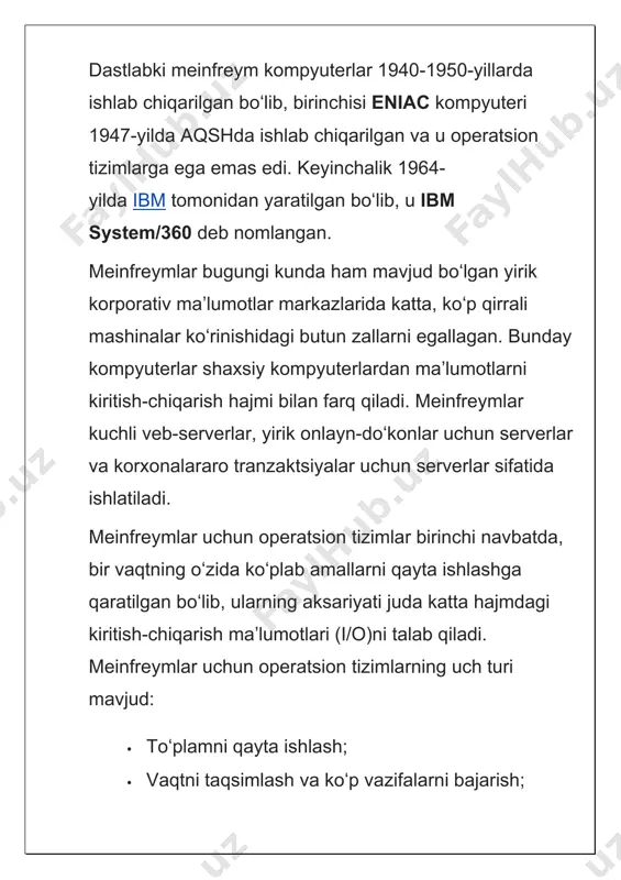 tladilar. operatsion tizimlar evolyutsiyasi[tahrir | manbasini tahrirlash] birinchi davr (1945-1955-yillar)[tahrir | manbasini tahrirlash] raqamli kompyuterlarni yaratishda muvaffaqiyatlar ikkinchi jahon urushi tugaganidan keyin sodir boʻldi. 40-yillarning oʻrtalarida birinchi lampali hisoblash qurilmalari yaratildi. shu bilan birga, kompyuterni loyihalash va dasturlash amalga oshirildi. bunga boshqa amaliy sohalardan har xil turdagi amaliy muammolarni hal qilish sohasidagi tadqiqot ishlari kirar edi. oʻsha paytda dasturlash faqat mashina tilida amalga oshirilgan. oʻsha paytda operatsion tizimlar yoʻqligi sababli barcha vazifalar dasturchi tomonidan maxsus boshqaruv panelidan qoʻlda hal qilinardi. operatsion tizimda matematik hamda yordamchi dasturlar kutubxonalaridan boshqa dasturiy taʼminot yoʻq edi. ikkinchi davr (1955-1965-yillar)[tahrir | manbasini tahrirlash] 1950-yillarning oʻrtalarida hisoblash texnikasining rivojlanishida yangi texnik baza — yarimoʻtkazgich elementlarning paydo boʻlishi bilan bogʻliq yangi davr boshlandi. ikkinchi avlod kompyuterlari yanada ishonchli boʻldi. ular juda muhim vazifalarni ishonib topshirish uchun yetarlicha uzoq vaqt ishlay olar edi. aynan shu davrda dasturchilar va operatorlar, foydalanishga topshiruvchilar hamda kompyuterlarni ishlab chiquvchilarga boʻlingan edi. bu …