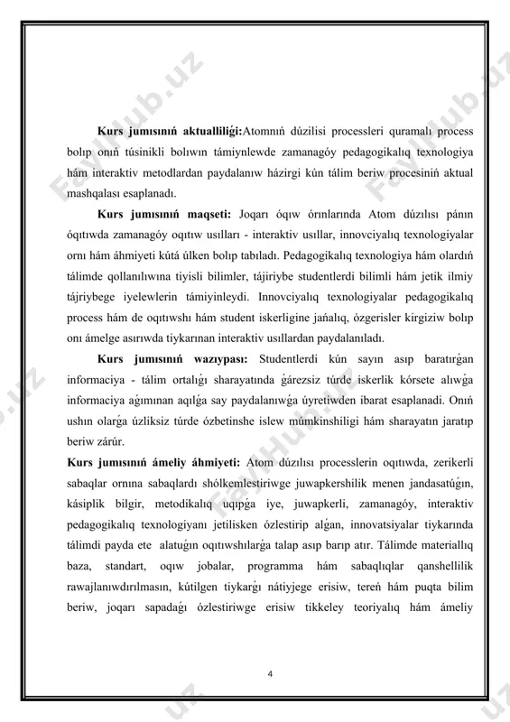 esapladi. anaksagordiń aytiwinsha, hàmme nàrsede, hàmme nàrseniń úlesi bar, qaysi nàrseniń úlesi kòp bòlsa, har bir òz aldina nàrse sol nàrsege kòbirek uqsaydi. tàbiyattaĝi hàr qanday òzgeriw bar hàm turaqli bolĝan zat tuqimlari qatnaslariniń òzgeriwi nàtiyjesı bolip esaplanadi. atomistliq materializm tiykarin saliwshilardan biri bolĝan qàdimiy grek filosoflari levkipp(eramizĝa shekem v ásir) hàm demokritler (eramizĝa shekem 460-370-j.j.) atom teoriyasin alĝa ilgerletti. bul teoriyaĝa sàykes, hàr bir zat bòlinbeytuĝin mayda bòlekshelerden, yaĝniy atomlardan turadi. olardiń pikrinshe, atomlar putin bolip, olarda bosliq joq. olar sheksiz fazada bir-birinen bòlek ajiralĝan bolip, sirtqi formasi, òlshemi, hali, tàrtibi menen parq qiladi. atomlar màlim waqtlarda turaqli birikpelerge birlesip túrli zatlardi payda qiladi. demokrittiń atomistliq qaraslari epikur (eramizĝa shekem 341-270-jj.) tárepinnen rawajlandirildi. oniń pikırinshe, atomlar bir-birinen massalari menen hàm parıq qıladı, atomlardiń bòlimleri bar. epikur tabiyatta hàr qiyli formadaĝi atomlar sani sheksiz, formalar sani ese shekli dep túsindiriledi. áyyemgi grek atomistleri túsinikleriniń kúshsiz tárepleri aristotel (eramizĝa shekem 384-322-jj) …