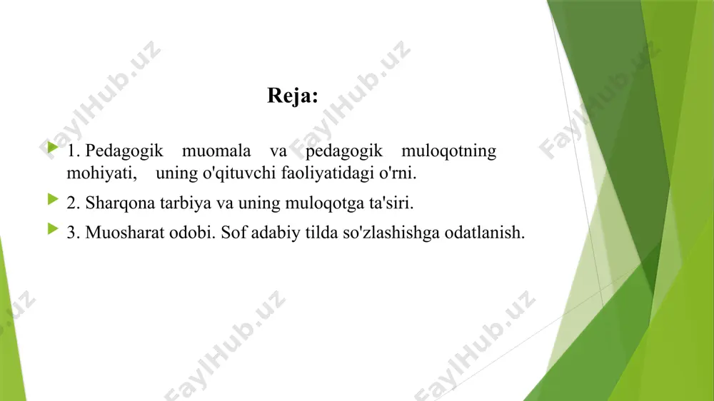 larning faoliyatiga hamrohlik qiladi nihoyat, boshqarish vositasi bo'lgan muomala faoliyatidan keyin boradi. muomala - axloq ko'rki sanaladi. har bir kishining qanday dunyoqarashga egaligi, bilimliligi uning muomalasidan ma'lum bo'ladi. muomala - insonlar o'rtasidagi o'zaro aloqa vositalaridir. muomalada asosiy vosita til hisoblanadi. shuning uchun ham til - aloqa quroli deyiladi. insonning tili shirin, muomalasi madaniyatli bo'lsa, qisqa vaqt ichida xalq orasida obro'-e'tibor topadi. so'zga chechanlik, hech qachon kishiga obro' keltirmaydi. shuning uchun ham o'tmishda yashab o'tgan mutafakkirlarimiz tilga, so'zga hurmat bilan yondashishlarini uqtirib o'tganlar. ulug’ bobomiz alisher navoiy muomala madadiyati, xushmuomalalik, tilning ahamiyati to'g’risida, shirinso'zlik haqida purhikmat fikrlar bayon qilganki, bugungi kunimiz uchun ham o'z ahamiyatini yo'qotgan emas. «til shirinligi ko'ngilga yoqimlidir, muloyimligi esa - foydali. shirin so'z sof ko’ngillar uchun asal kabi totlidir», - deydi alisher navoiy. pedagog bolalarga bilim berish uchun bir qatorda ular nutqining rivojlanishiga ham alohida ahamiyat beradi va bunda u turli pedagogik usullardan foydalanadi. bolalar nutqini o'stirishda …