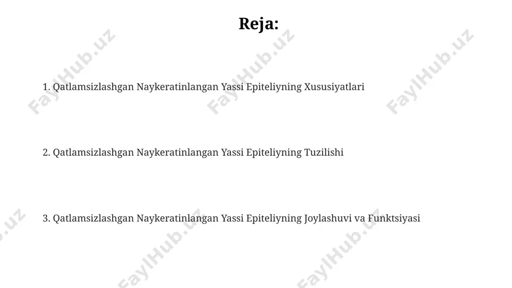 , to'qimalarning mexanik mustahkamligini ta'minlaydi. epiteliyning orta qatlamidagi hujayralar soni 3-5 qatorni tashkil etadi, ularning shakli ko'ndalang kesimida ko'pburchak shaklida bo'lib, yadrosi markazlashgan holatda va hujayra sitoplazmasida organellalar soni ortadi. bu qatlamda hujayralar o'rtasidagi bog'lanishlar kuchli. stratifikatsiyalangan nokeratinlashgan yassi epiteliyning bazal qatlami hujayralari 10-25 mikrometr kattalikda bo'lib, mitoz faolligi yuqori, ya'ni tez bo'linadi va hujayra membranasi asosida joylashgan, hujayraning yadrosi katta va yumaloq shaklda bo'ladi. hujayra shakli va o'lchamlari stratifikatsiyalanmagan yassi epiteliyning bazal qatlami hujayralari kubsimon yoki ustunsimon shaklga ega bo'lib, 10-20 mk balandlikka ega va hujayra yadrolari yumaloq va katta hajmlidir. sirt qatlami hujayralari yassi shaklga ega, o'lchamlari taxminan 15-30 mk ni tashkil etadi va ularning yadrosi kichik va tekislashib borishi mumkin, masalan, og'iz bo'shlig'i shilliq qavatida. oraliq qatlamlar hujayralari ko'ndalang kesimida poliedrik shaklga ega bo'lib, 30-50 mk gacha o'lchamlarga yetishi mumkin. ularning shakli va o'lchamlari qatlamning chuqurligiga bog'liqdir. stratifikatsiyalangan naykeratinlangan yassi epiteliyning umumiy xususiyatlari stratifikatsiyalangan naykeratinlangan yassi epiteliy …