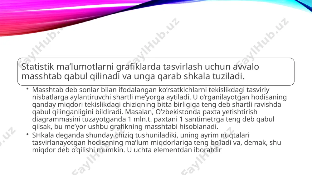 lar koordinat maydoni yoki raqamli setka asosida tuziladi. vertikal o’qqa (ordinata o’qi) olingan masshtabda dinamika qatorining ko’rsatkichlari yoki natijaviy belgining qiymatlari nuqtachalar bilan nishonlanib joylashtiriladi. gorizontal o’qqa (abtsissa o’qi) ma’lum masshtabda qatorning davrlari (vaqtlari) yoki faktor belgisining qiymatlari nuqtachalar bilan nishonlanadi. keyin o’qlardagi har qaysi nuqtachalardan qarama-qarshi o’qqa nisbatan parallel ravishda perpendikulyar chiziqlar o’tkaziladi. ularning o’zaro uchrashgan nuqtalari (ordinata cho’qqilari) bir-biri bilan birlashtiriladi va natijada siniq chiziq hosil bo’ladi. bu siniq chiziq dinamika qatorini yoki o’rganilayotgan hodisalarning o’zaro bog’lanishini tasvirlaydi. intervalli (oraliqli) variatsion qatorlar uchun tuzilgan diagramma esa taqsimlanish gistogrammasi deb yuritiladi. 4.4-grafikda o’zbekiston fermer xo’jaliklarida paxta terimchilarining kundalik terim normasini bajarish darajasi bo’yicha taqsimlanishi gistogramma shaklida tasvirlangan. chiziqli diagrammalar ko’pincha siniq chiziq shaklida tuziladi. ammo murakkab hodisa va jarayonlarni o’rganishda bu shakl har doim qo’l kelavermaydi. ayrim hollarda chiziqli diagrammani spiral shaklida tuzish maqsadga muvofiqdir. spiral shaklli diagrammalar o’rganilayotgan to’plamning umumiy o’zgarishi bilan bir vaqtda uning tarkibiy qismlarining o’zgarishini …