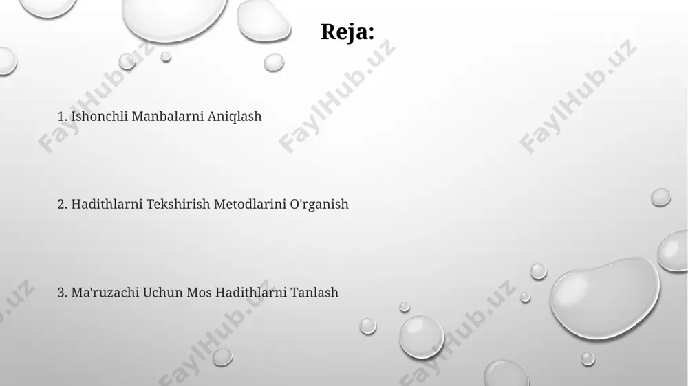 ишга имкон беради. ma'ruza uchun hadis tanlash mezonlari ҳадиснинг маъносини тўлиқ тушуниш ва унинг замиридаги ҳикматни очиш учун 10 дан ортиқ шарҳларни ўрганиш ва маъноларнинг мослигини текшириш лозим. масалан, насаий шархлари. маъруза учун ҳадисни танлашда унинг санадларининг ишончлилигини 6 тадан ортиқ ишончли ҳадис китоблари, масалан, бухорий ва муслим кабиларда келтирилганлигини текшириш муҳим. ҳадиснинг ривоят йўлларини (иснад) ва ривоятчиларнинг адолатлилигини ҳамда ёд олиш қобилиятини текшириш, хусусан, 200 йилдан кейинги ривоятчиларга эътибор бериш муҳим аспект ҳисобланади. hadislarni talqin qilish usullari ҳадис матнини таҳлил қилишда 3та муҳим омил: луғат, синтаксис ва контекст ҳисобланади. масалан, "саҳиҳ бухорий"даги 100-ҳадисни талқин қилишда бу омилларни ҳисобга олиш керак. ҳадисларни талқин қилишда 7та асосий усул мавжуд бўлиб, улардан 2таси бағдод мактабига, 5таси эса миср мактабига мансубдир. бу усуллар ҳадиснинг замиридаги маънони тўлиқ англашга ёрдам беради. имом бухорийнинг "саҳиҳ"и ва имом муслимнинг "саҳиҳ"и каби 6 китоб ҳадисшуносликда асосий манба ҳисобланиб, улардаги ҳадисларни талқин қилишда махсус услублар қўлланилади, масалан, 200 …