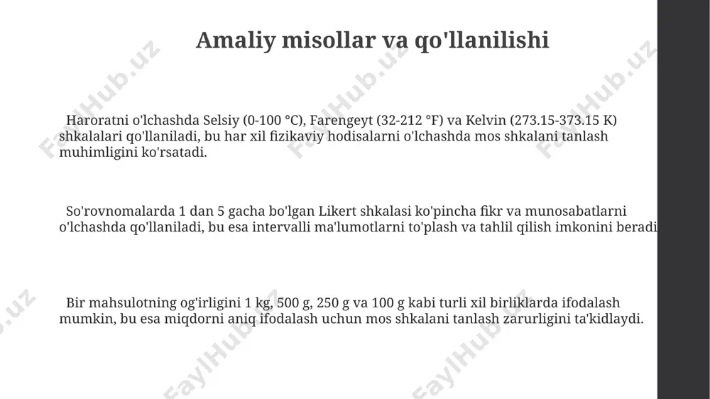 at shkalasi mutlaq nol nuqtasiga ega bo'lib, masalan, vazn yoki bo'y. bu shkala arifmetik amallarni bajarish imkonini beradi, 10 kg ikki baravar 5 kg dan ko'p. ratio shkala ratioskala o'lchovlarning eng yuqori darajasini ifodalaydi, chunki u mutlaq nol nuqtasiga va ma'lumotlarning nisbiy qiymati haqidagi to'liq ma'lumotga ega. masalan, 20°c harorati 10°c dan 2 barobar yuqori emas. ratioskalada 0 qiymati miqdorning mutlaq yo'qligini bildiradi, masalan, 0 kg vazn ob'ektning umuman vaznsizligini anglatadi va 2 kg 1 kg ning 2 barobariga teng. ratioskaladagi ma'lumotlarni matematik amallar, jumladan ko'paytirish va bo'lish kabi operatsiyalarni qo'llash orqali tahlil qilish mumkin, bu esa nisbatlarni hisoblash imkonini beradi. masalan, 10 sm 5 sm dan 2 marta uzun. e'tiboringiz uchun rahmat @taqdimot_robot