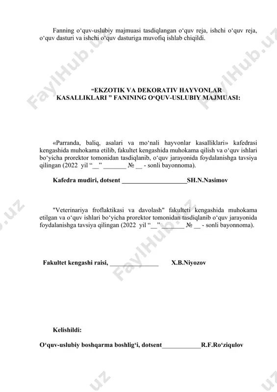 g‘zaki savollar (300 ta) 4.4 1 ob uchun yozma ish savollari (150 ta) 4.5 2 ob uchun yozma ish savollari (150 ta) 4.6 yab uchun yozma ish savollari (500 ta) 4.7 1 ob uchun test savollari (200 ta) 4.8 2 ob uchun test savollari (200 ta) 4.9 yab uchun test savollari (500 ta) v fan bo‘yicha baholash me’zonlari vi fan bo‘yicha tarqatma materiallar vii o‘umning elektron varyanti i. fanning o‘quv dasturi ii. fanning ishchi o‘quv dasturi iii. fanning asosiy o‘quv materiallari: 3.1. ma’ruza mashg‘ulotlari uchun o‘quv materiallari 1-modul. ekzotik va dekorativ hayvonlarning yuqumli kasalliklari 1.ma’ruza. ekzotik va dekorativ hayvonlarda salmonellyoz va botulizm 1. ekzotek va dekarativ hayvonlarda salmonellyoz, va botulizim etiologiyasi, simptomlari, davolash va oldini olish chora-tadbirlari salmonellyoz - bu ekzotik, hayvonot bog'i va yovvoyi hayvonlarning yosh hayvonlarida keng tarqalgan kasallik. ko'pincha salmonellyoz yosh (sut emadigan) hayvonlar orasida, suv havzalari fermalari joylashgan suv havzalarida (daryolarda) uchraydi. uning qo'zg'atuvchisi antisanitariya sharoitida …