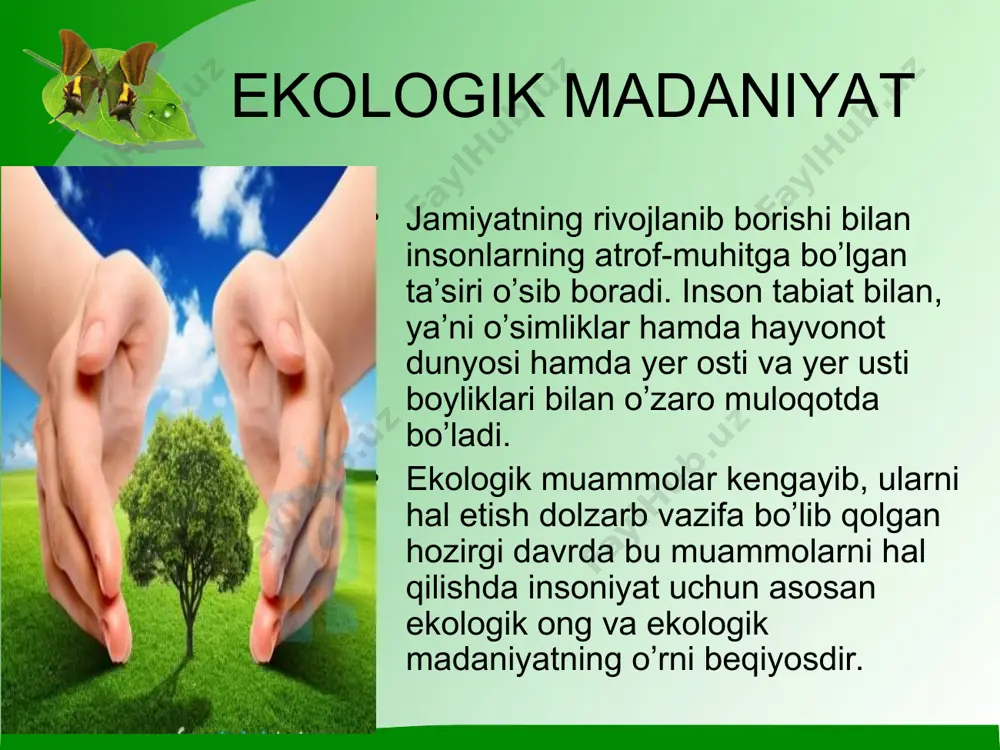 unday murakkab ekologik muammolar paydo bo'lmoqdaki, ular nafaqat ayrim davlatlar, balki butun insoniyatning kelgusi hayotini, odamzod tirikligini jiddiy xavf ostida qoldirishi mumkin. bunday muammolar sirasiga atmosfera ozon qatlamining yemirilishi, chuchuk suv zaxiralarining kamayishi, abadiy muzliklarning eriyotgani, jahon okeanining va kosmik fazoning illoslanishi, dunyoning «qizil kitobi»ga kiritilgan noyob o`simlik va hayvonlarning keskin kamayib borayotgani va boshqa ko`plab dolzarb muammolarni kiritish mumkin. afsuski, bizga sobiq sho'rolar davlatidan og'ir ekologik muam­molar ham meros bo'lib qolgan. ulardan eng kattasi, bilasizki, orol dengizi, qurishi hilan bog'liq. o'zbekiston bu masalaning ijobiy yechimini topish, muammoni yanada chuqurlashishining oldini olish, orolbo'yi hududida yashovchi aholini har jihatdan muhofaza qilish borasida ko'plab chora-tadbirlarni ko'rmoqda. respublikamiz rahbariyati bu murakkab masalaga dunyo ham-jamiyali e`tiborini jalb etayotgani ham, orol muammosi bir-ikki davlatning emas, butun yer yuzi-ning muammosiga aylanganini ko'rsatadi. shunga ko'ra, o'zbe­kiston respublikasi prezidenti islom karimovning 2010-yil 20-sentabrida birlashgan millatlar tashkiloli sammiti mingyillik rivojlanish maqsadlariga bag'ishlangan yalpi majlisida so'zlagan nutqidagi quyidagi o'rinlar muhim …
