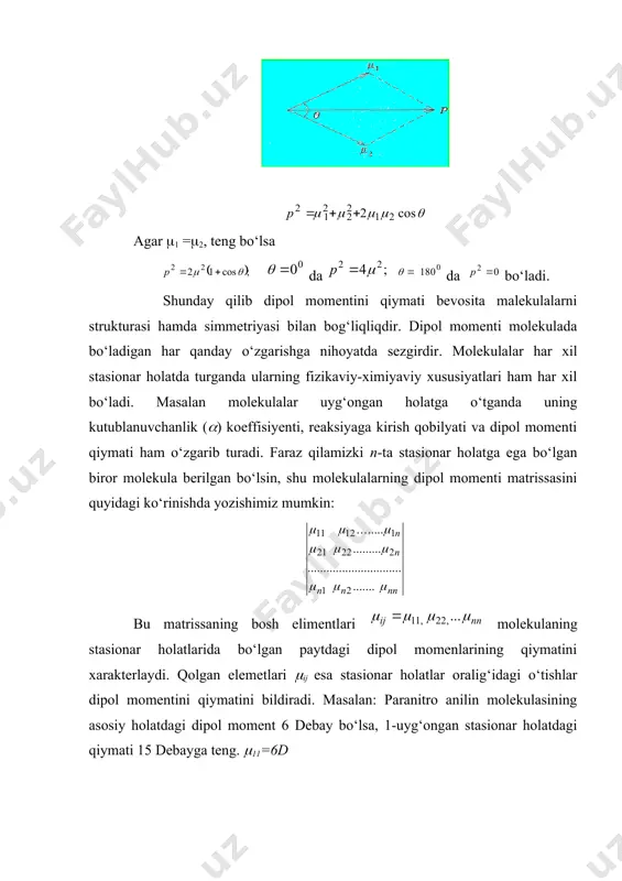- 2 chi rangli tenzorning tashkil etuvchilari. demak qutblanuvchanlik tenzori kompleks qiymat ham oladi. bu dipol momenti fazasining maydon kuchlanganlik tebranish fazasiga mos tushmasligidan dalolat beradi. bunday nomuvofiqlik tebranuvchi elektronni (ossilyatorni) tebranishi qandaydir sababga kо‘ra sо‘nishidan yoki chastotasining juda kamayib ketishidan kelib chiqadi. bunday paytda shu molekula ichida konservativ bо‘lmagan kuchlarning ta’siri katta bо‘ladi. konservativ kuchlar о‘rganilayotgan sistemasidan tashqarida yotgan kuchlar, ya’ni sistemani molekula deb hisoblasak о‘rganilayotgan molekulaga boshqa molekulalarning ta’siri deb aytish mumkin. konservativ bо‘lmagan kuchlar ta’sir etayotgan paytda elektromagnit yorug‘likning yutilishi sodir bо‘ladi. agar sistemani biz yutilishdan tashqarida о‘rganayotgan bо‘lsak konservativ bо‘lmagan kuchlardan qutilamiz. shunday paytda о‘rganilayotgan sistemani konservativ sistema deb yuritiladi, ya’ni boshqa molekulalar ta’siridan sistema qutiladi. bunday paytda qutblanuvchanlik tenzori ermit tenzoriga aylanadi yoki bо‘lsa shart bajariladi. shunday qilib qutblanuvchanlik tenzorining qiymati ditermenantning aniqlovchi diognal tashkil etuvchilari о‘zining mavhum qismidan qutiladi va haqiqiy bо‘lib qoladi, ya’ni kompleks bо‘lmaydi. kompleks kо‘rinishini yozsak haqiqiy qism, mavhum qism, ya’ni …
