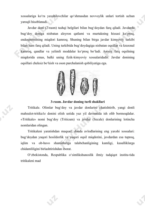 lish uchun har xil don partiyalari kerakli nisbatda aralashtiriladi, ya’ni maydalash uchun aralashma tayyorlanadi. bu yerda donninig tipi, navi, yetishtirilgan hududi, shishasimonligi, kleykovinasining sifat va miqdor ko‘rsatkichlari hisobga olinadi. bug‘doydan maydalanadigan partiyani shakllantirish unning qaysi maqsadda ishlatilishiga qarab olib boriladi. masalan, yuqori kleykovinali bug‘doylar past kleykovinali bug‘doylar bilan, yoinki shishasimon bug‘doylar unsimon bug‘doylar bilan aralashtiriladi. keyingi jarayon donni un tortishga tayyorlash deb yuritiladi. donni un tortishga tayyorlash. donni un tortishga tayyorlashdagi asosiy jarayonlarga donni begona aralashmalardan tozalash, don sirtini iflosliklardan xolis etish, qisman po‘stlog‘ini shilish va donga gidrotermik ishlov berish kabilar kiradi. donda o‘lchamlari va aerodinamik xususiyatlari bilan farq qiluvchi aralashmalar donni elaklardan o‘tkazish va shamol yordamida sug‘urish usullarini qo‘llash yo‘llari bilan xalos etiladi. dondan shakllari bilan farq qiluvchi aralashmalar esa donni silindirsimon triyerlardan o‘tkazish orqali ajratiladi. mayda tosh, qumlar esa maxsus mashinalarda ishlov berish, metall aralashmalar esa donni magnit moslamalaridan o‘tkazish yo‘llari bilan ajratiladi. donlarning sirtida bo‘ladigan iflosliklar esa …