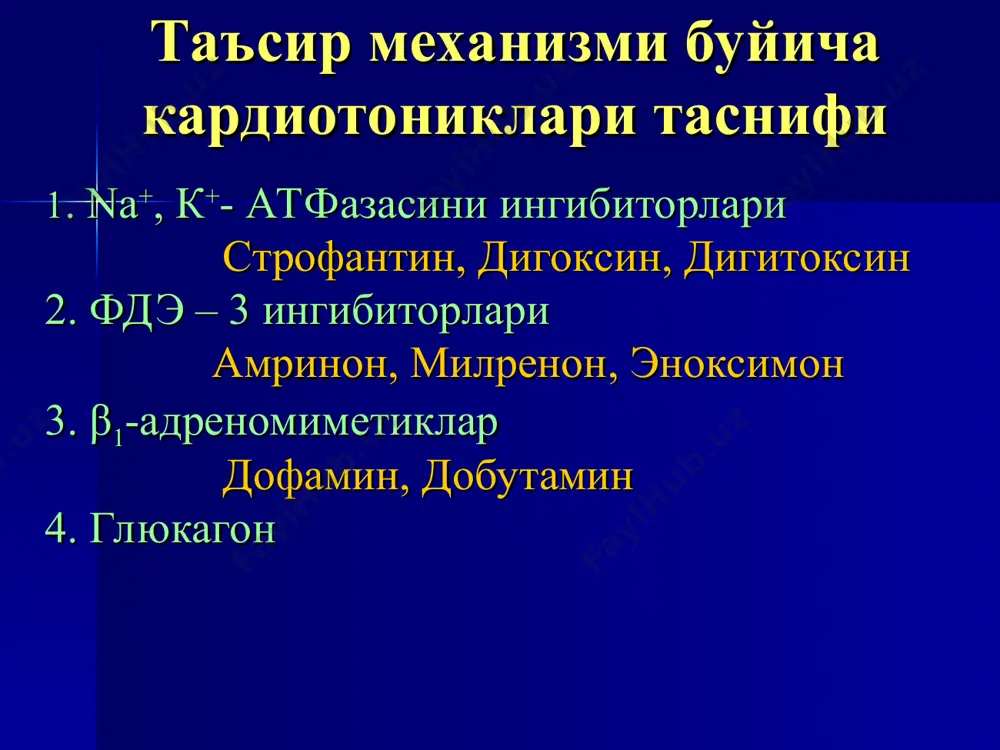ороп таъсир – юрак қисқаришлар сонининг камайиши. аорта ёйи барорецепторлари ва каротид синуси рағбатланиши натижасида қайсар нерв тонуси ортиради. натижада синус тугуни автоматизми пасаяди ва юқс камаяди. * манфий дромотроп таъсир – av-тугундаги рефрактерликнинг узайиши ва ундан импульс ўтказилиш тезлигини секинлашишидир. юг қабул қилинганда диастола узаяди ва қоринчаларнинг тўлиши яхшиланади ва табиий, юрак зарб ҳажми ортади. мусбат батмотроп таъсир – миокард қўзгалувчанлигининг ва ўтказувчан тизимдаги автоматизмнинг ортишидир. миокард қўзгалувчанлигини ортиши натижасида аритмияларга олиб келиши мумкин. * экстракардиал таъсирлари: сийдик хайдовчи седатив силлиқ мускулларга стимулловчи таъсир дозалаш тартиби қае беморларини юг билан даволашда 2 босқич мавжуд 1-босқич: дигитализациялаш, яъни аниқ терапевтик самара олмагунча организми (миокардни) гликозидлари билан тўйинтириш. 2-босқич: ушлаб турувчи дозаларни юбориш йўли билан препаратнинг қондаги миқкдорини ушлаб туруш. дигитализациянинг 3 хил усули мавжуд тезкор усул, бунда юг билан тўйинтириш 1-2 кун давомида ўтказилади ўртача усул, бунда юг билан тўйинтириш 3-5кун давомида ўтказилади суст усули – тўйинтириш 7 кун давомида …