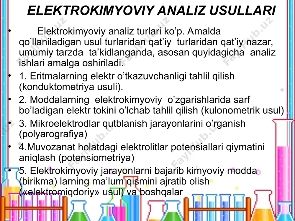 a har bir kislota miqdorini aniq topish mumkin. albatta, analiz tajribasi ishlari ma’lum tartib qoidalariga amal qilingan holatda olib boriladi. dastavval, eritmadan ma’lum hajmda olib, konsentratsiyasi aniq bo’lgan ishqor eritmasi tanlanib, undan oz-ozdan qo’shib, hosil qilingan eritmalar elektr o’tkazuvchanligi o’lchanadi. ishqor qo’shilgan sari, eritmada vodorod ioni [h+] nisbiy konsentratsiyasi doim kamayadi, shu bilan birga, elektr o’tkazuvchanlik ham pasayadi. eritmada, ishqor qo’shilib borilishi natijasida, titrlash nuqtasidan o’tilgandan keyin gidroksil ioni [oh–] konsentratsiyasi keskin ortishi muqarrar. 1-rasm. konduktometrik titrlash chizig’i manfiy zaryadli gidroksillarning nisbatan tezkor harakatchanligi tufayli, eritma elektr o’tkazuvchanligi ham keskin ortishi aniq kuzatiladi. o’rnida ta’kidlash joizki, har хil ionlar harakatchanligiga doir bo’lgan ma’lumotlar, ayniqsa, muhim fizik-kimyoviy ko’rsatkichlar qiymatlari tegishli ma’lumotlarda, odatda, jadvallarda berilgan bo’ladi, demak, bilib olish qiyin eritmaning titrlash nuqtasida vodorod ioni [h+] va gidroksil ioni [oh–] miqdorlari minimum bo’lganligi uchun, darhaqiqat, elektr o’tkazuvchanlik ham minimum darajada bo’lishini anglash qiyin emas. demak, хulosa tariqasida ta’kidlash mumkinki, minimum elektr o’tkazuvchanlik …
